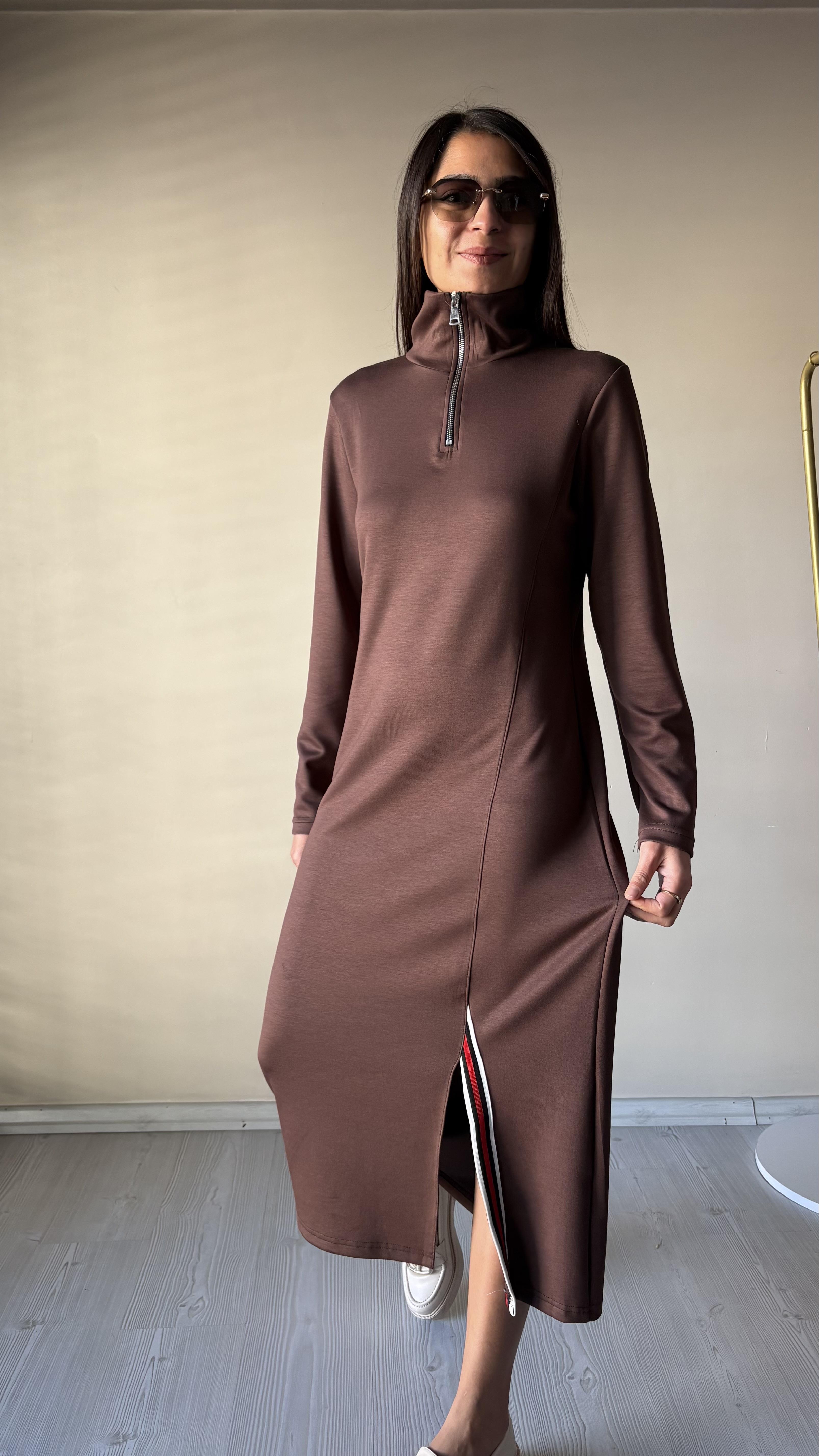 Kahve Modal Şerit yırtmaçlı Midi Elbise