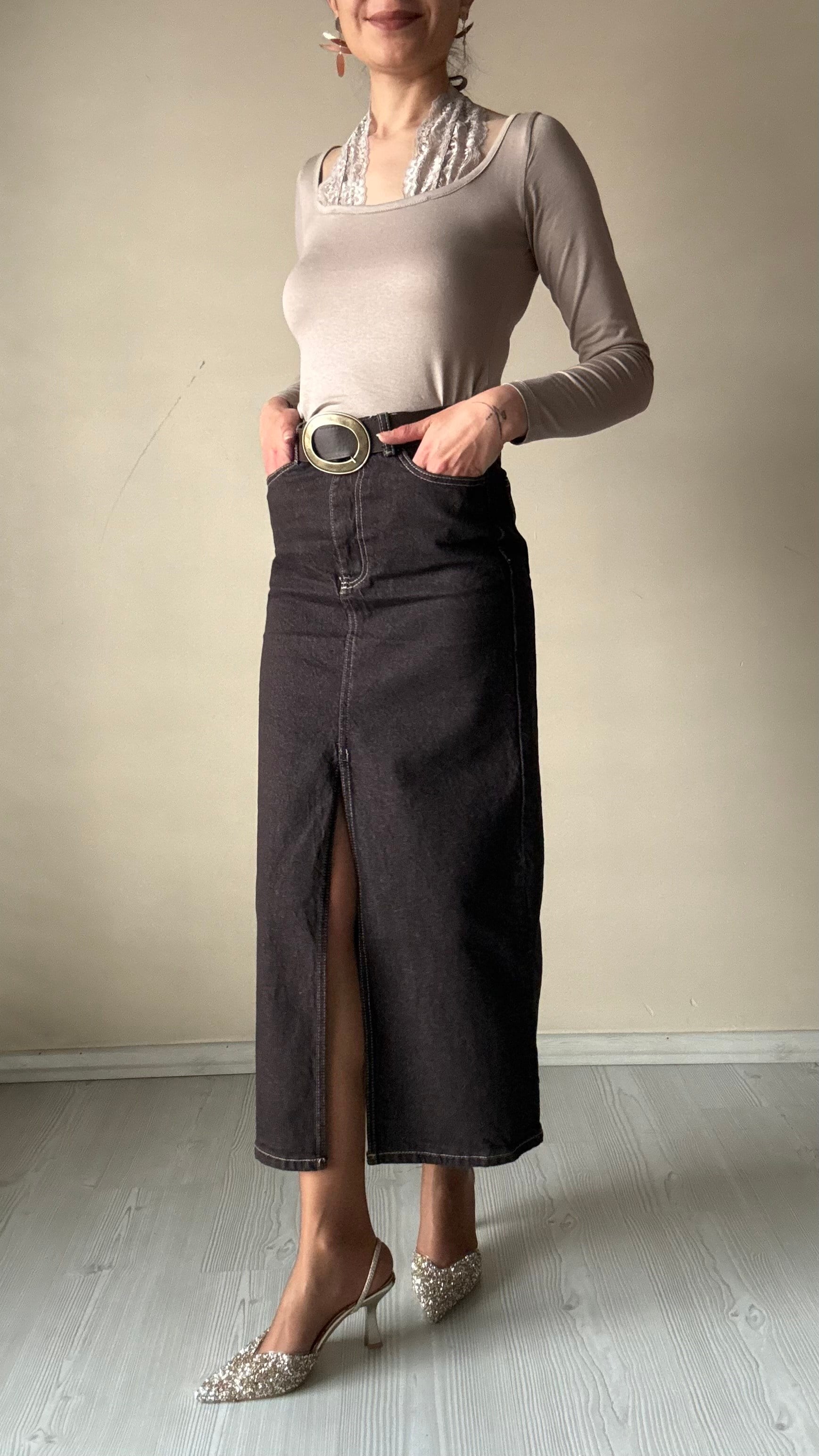 Kahve Ön Yırtmaçlı Uzun Jean Etek