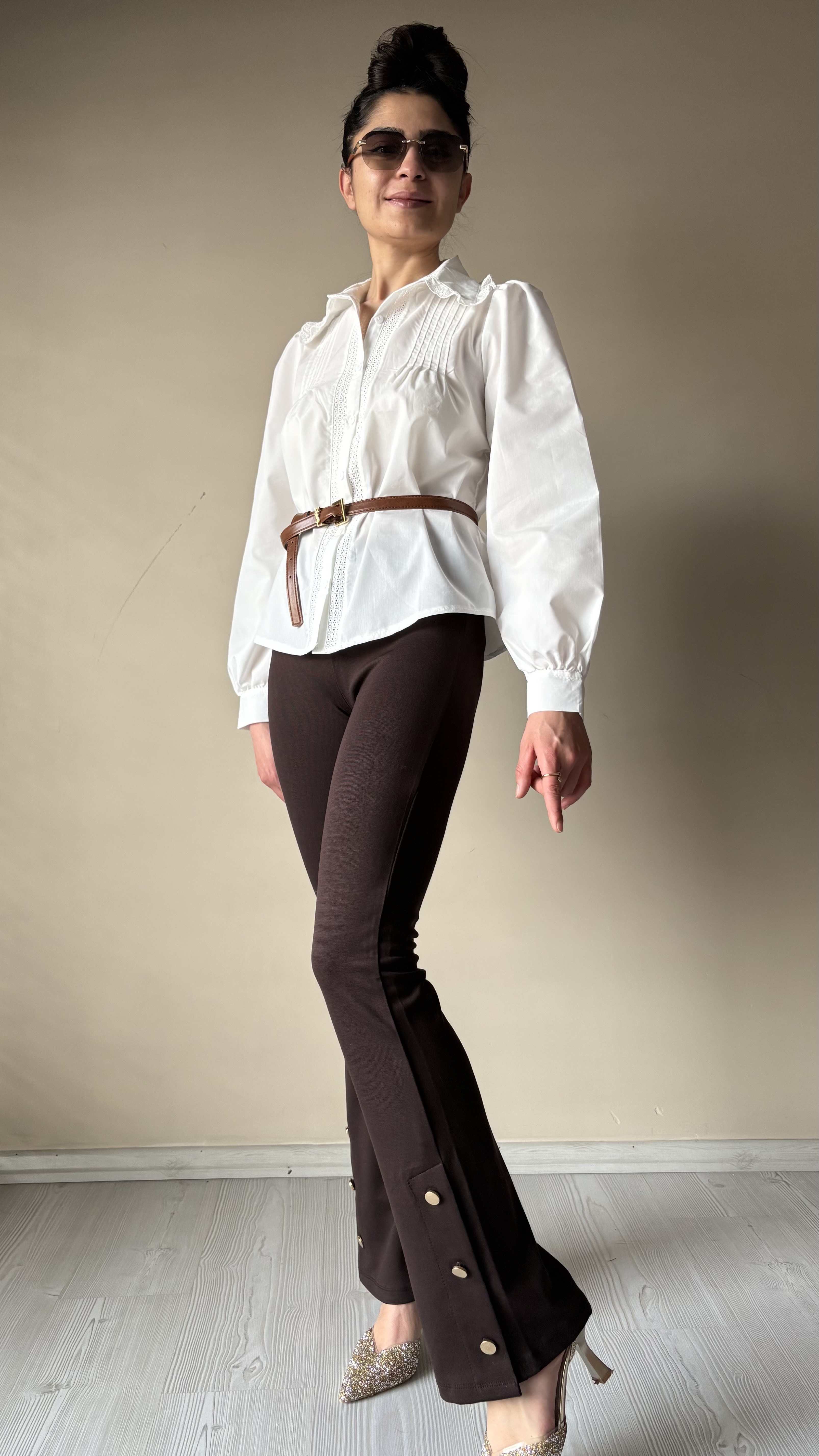 Kahve paçadan Düğmeli Tayt Pantolon 