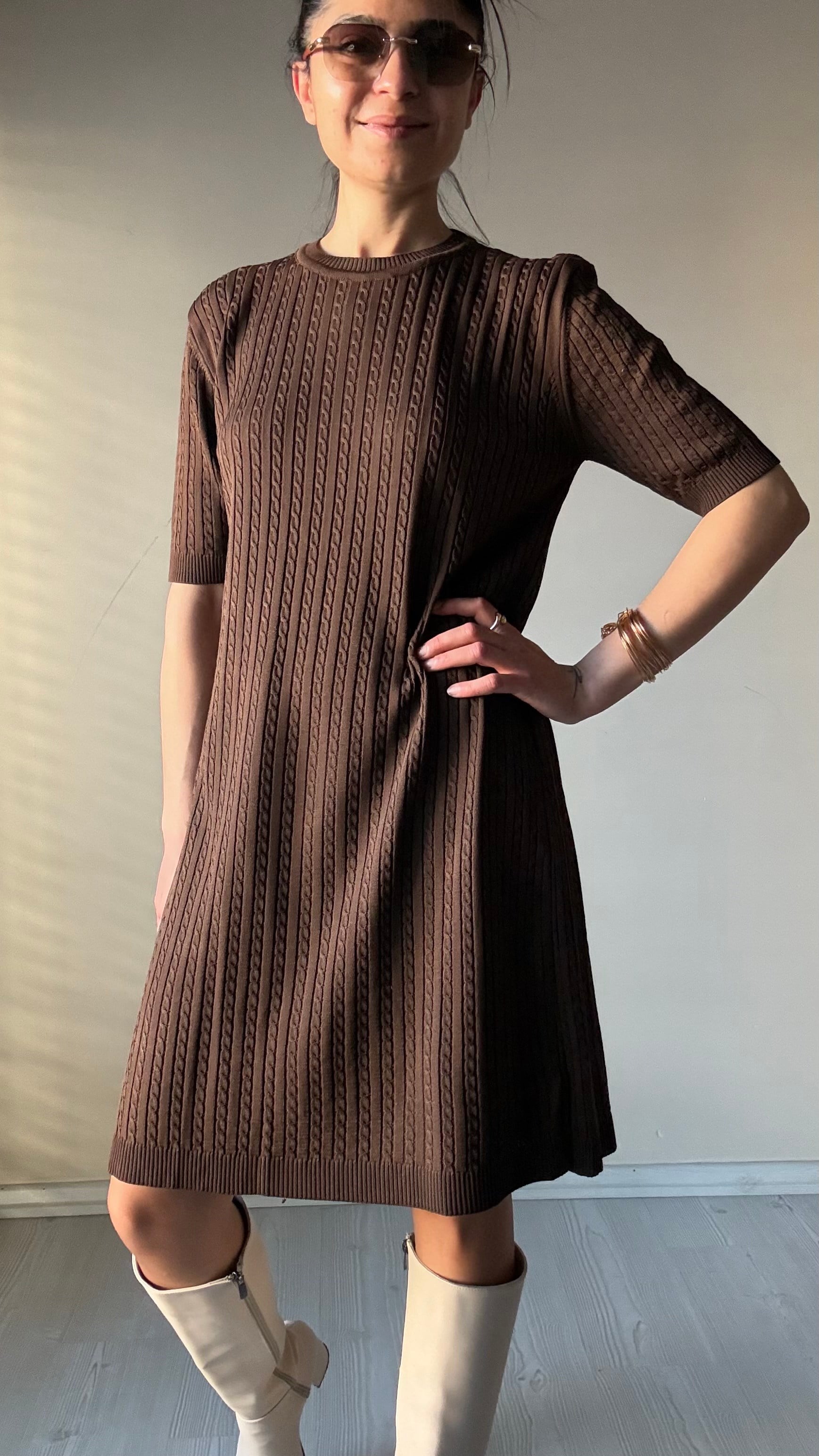 Kahve Yarım Kol Merserize Elbise