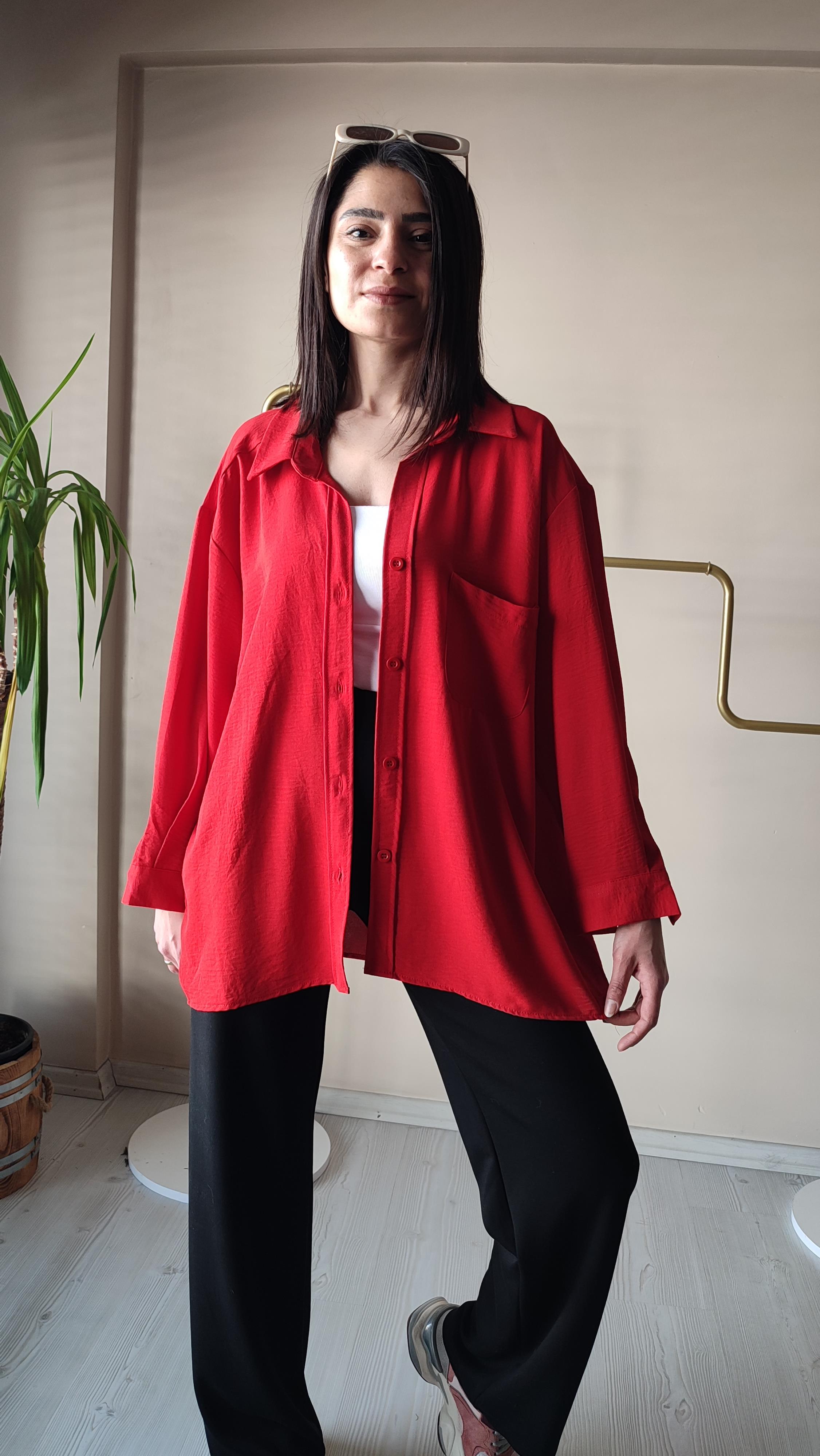 Kırmızı Tensel oversize Gömlek 