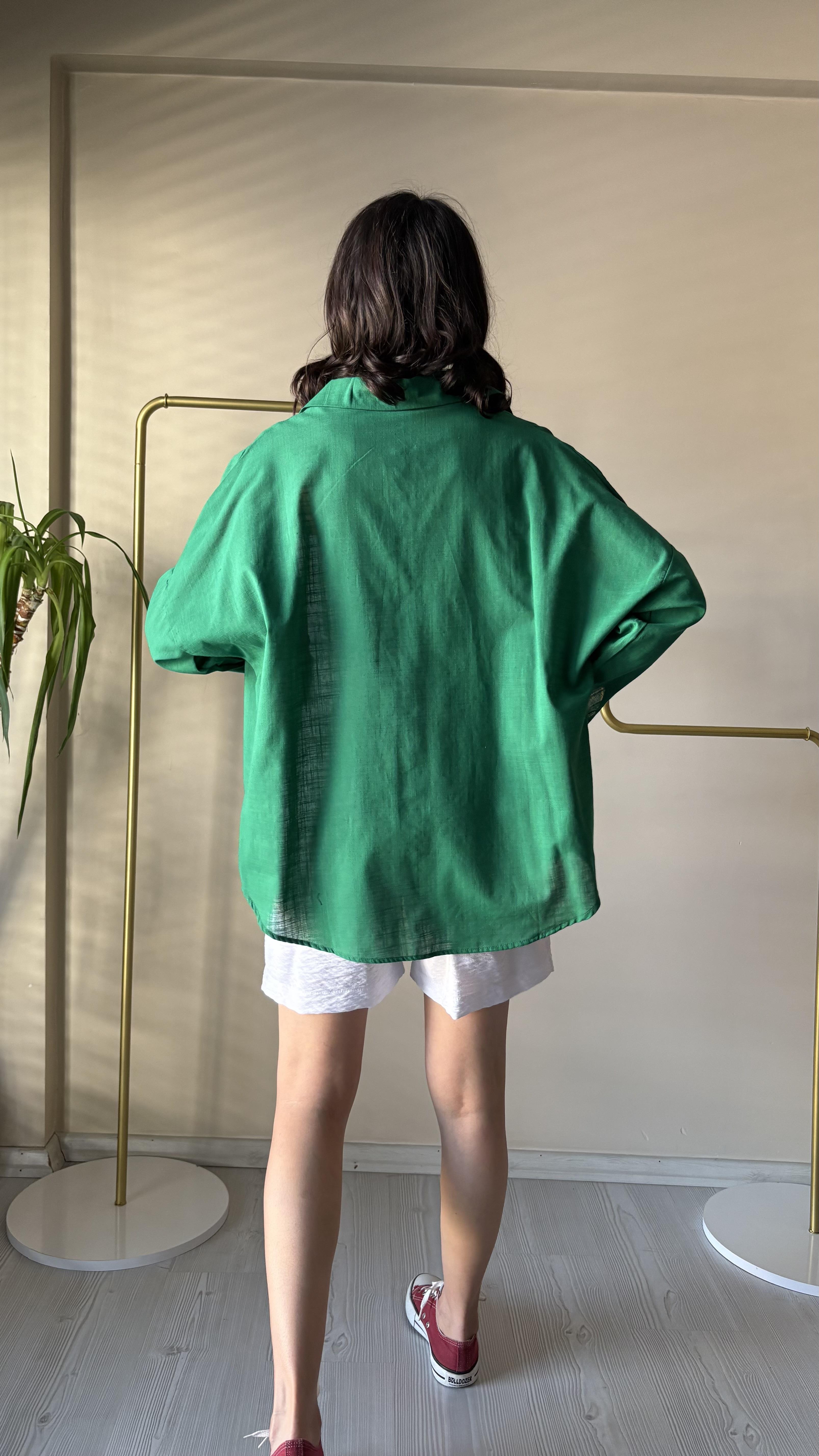 Koyu yeşil Oversize Keten Gömlek