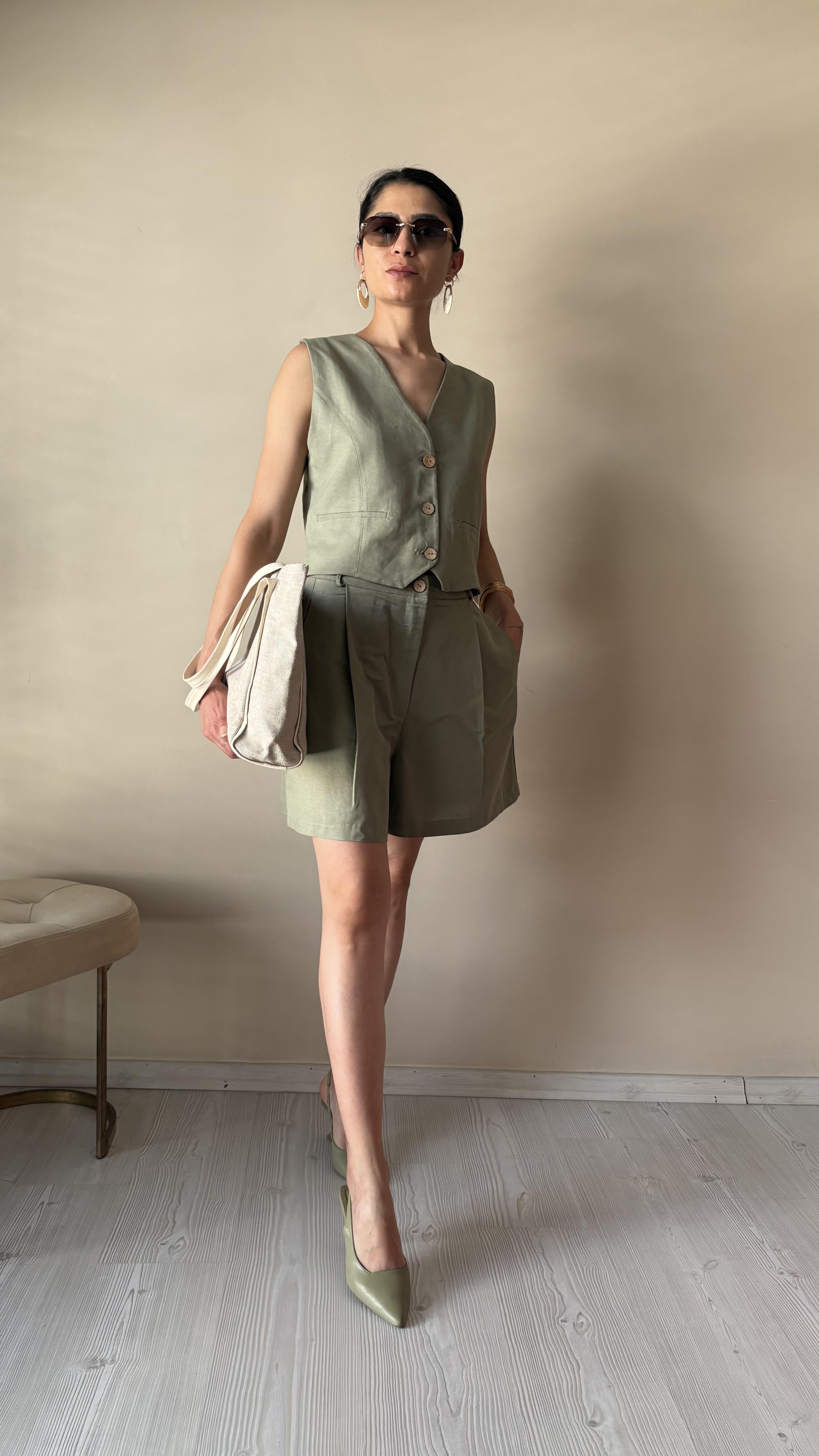 Küf yeşil Keten Şort Yelek Takım