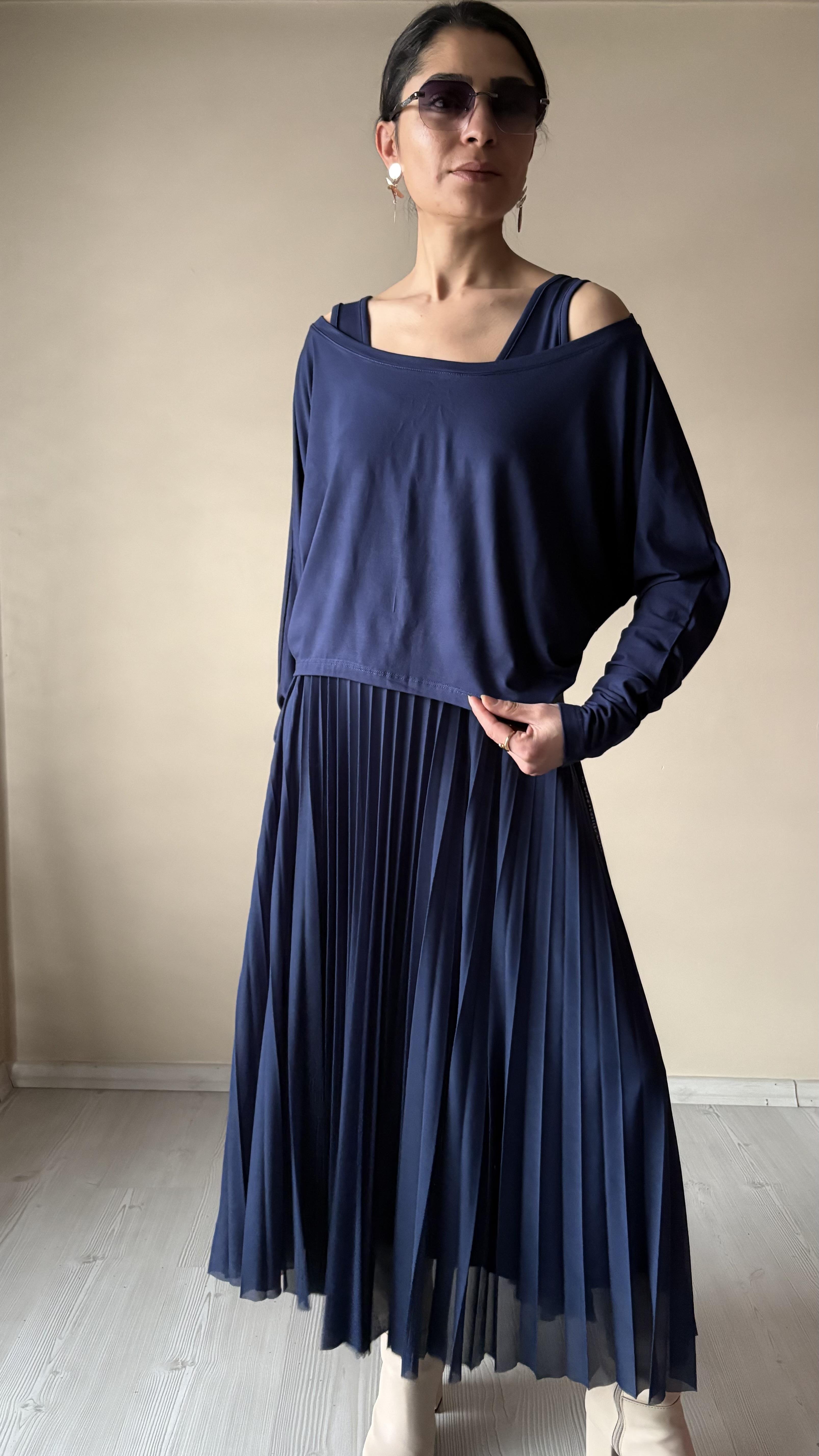 Lacivert Ateş pile 2'li Elbise