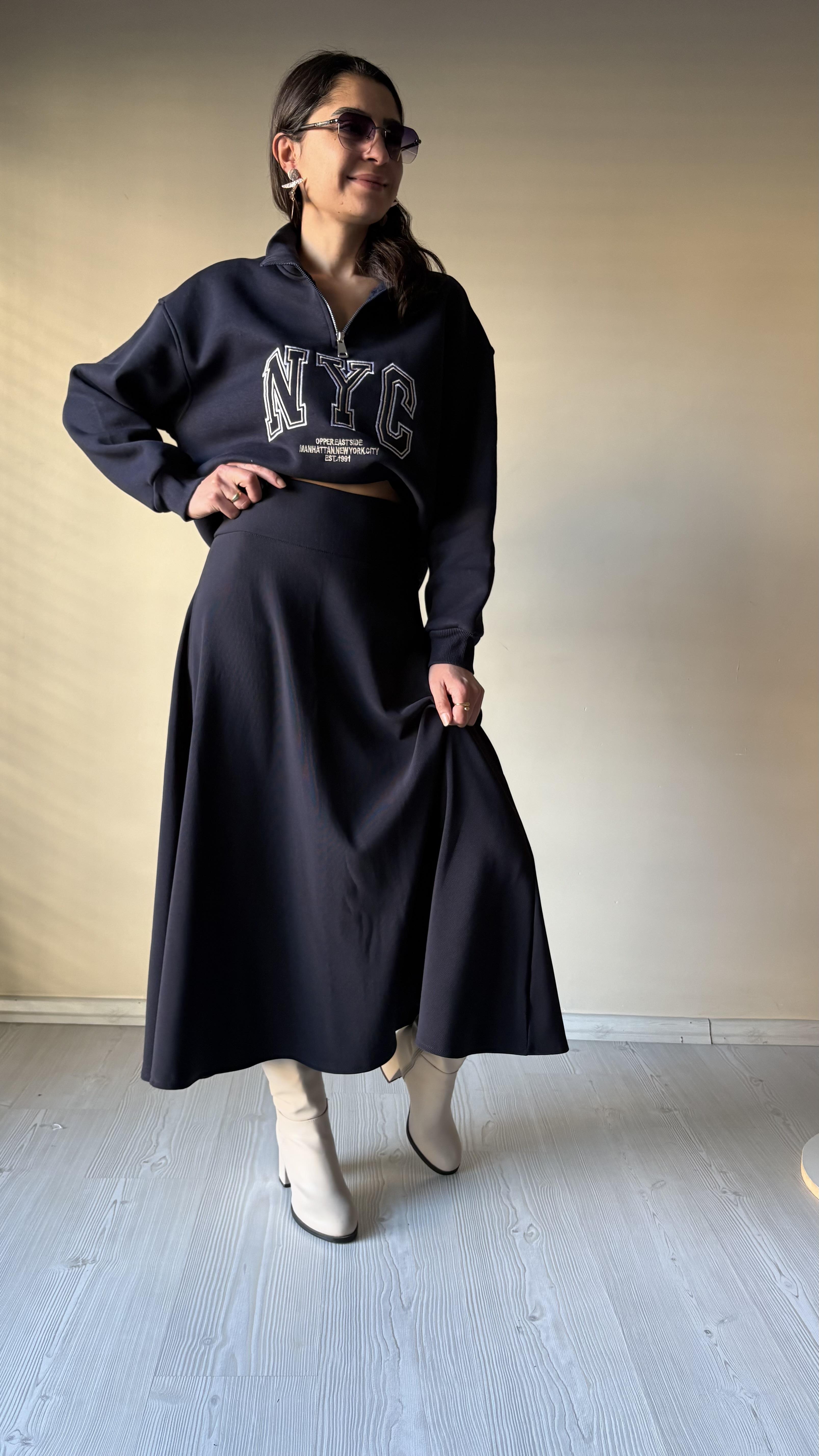 Lacivert Diagonel Çan Etek