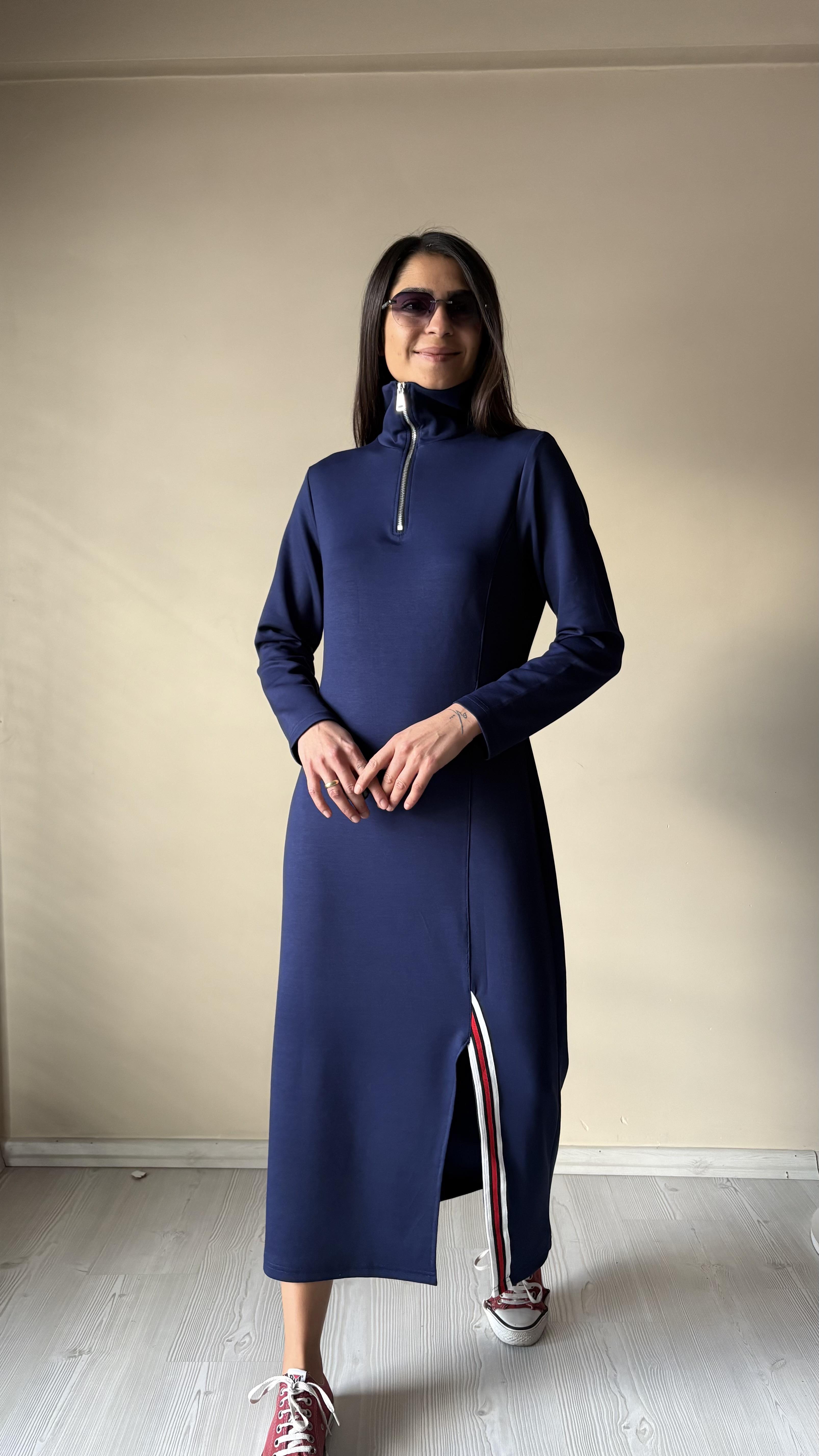 Lacivert Modal şerit Yırtmaçlı midi Elbise