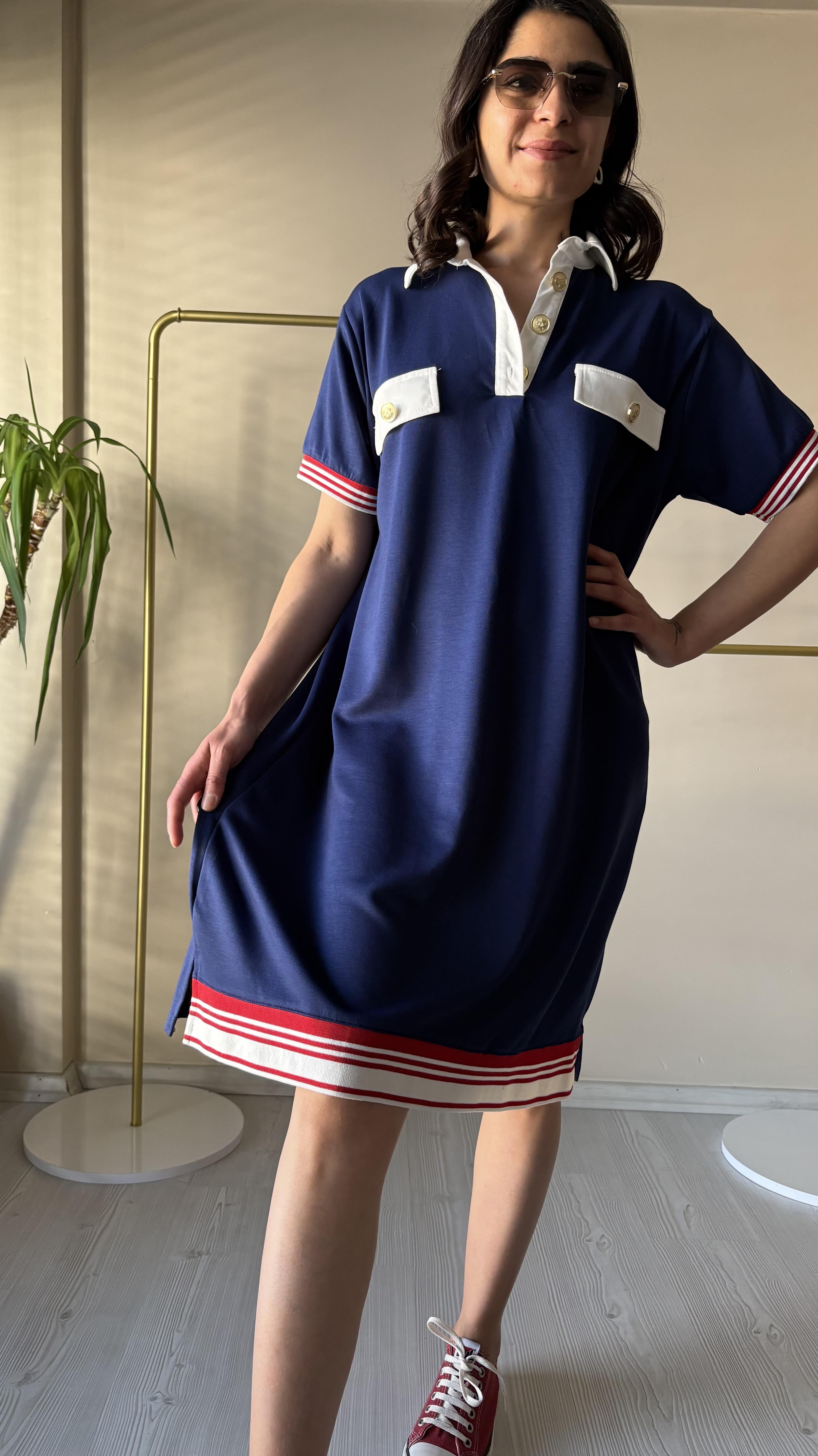 Lacivert polo yaka biyeli Elbise 