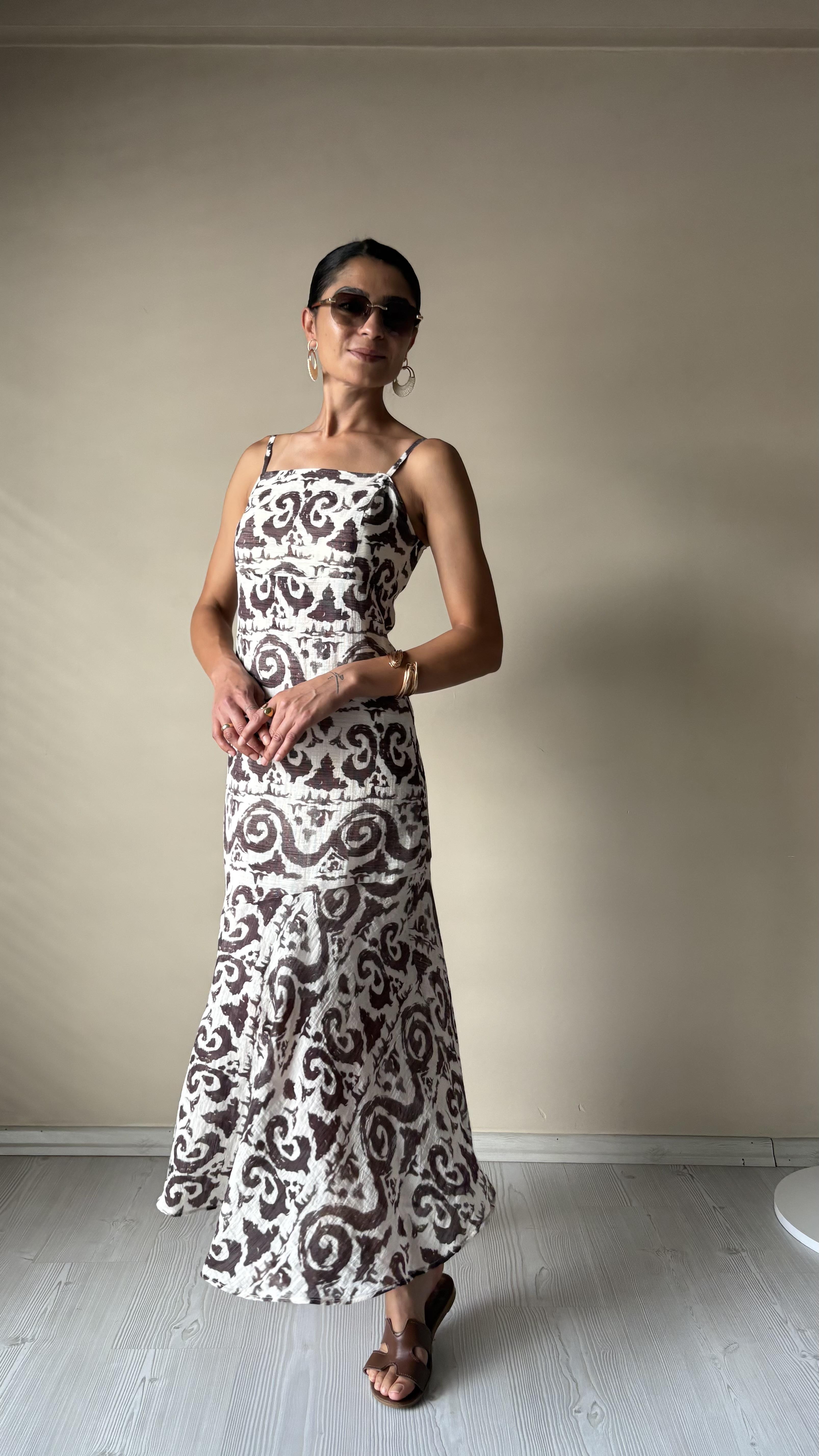 Lefon kahve Desenli Askılı Elbise