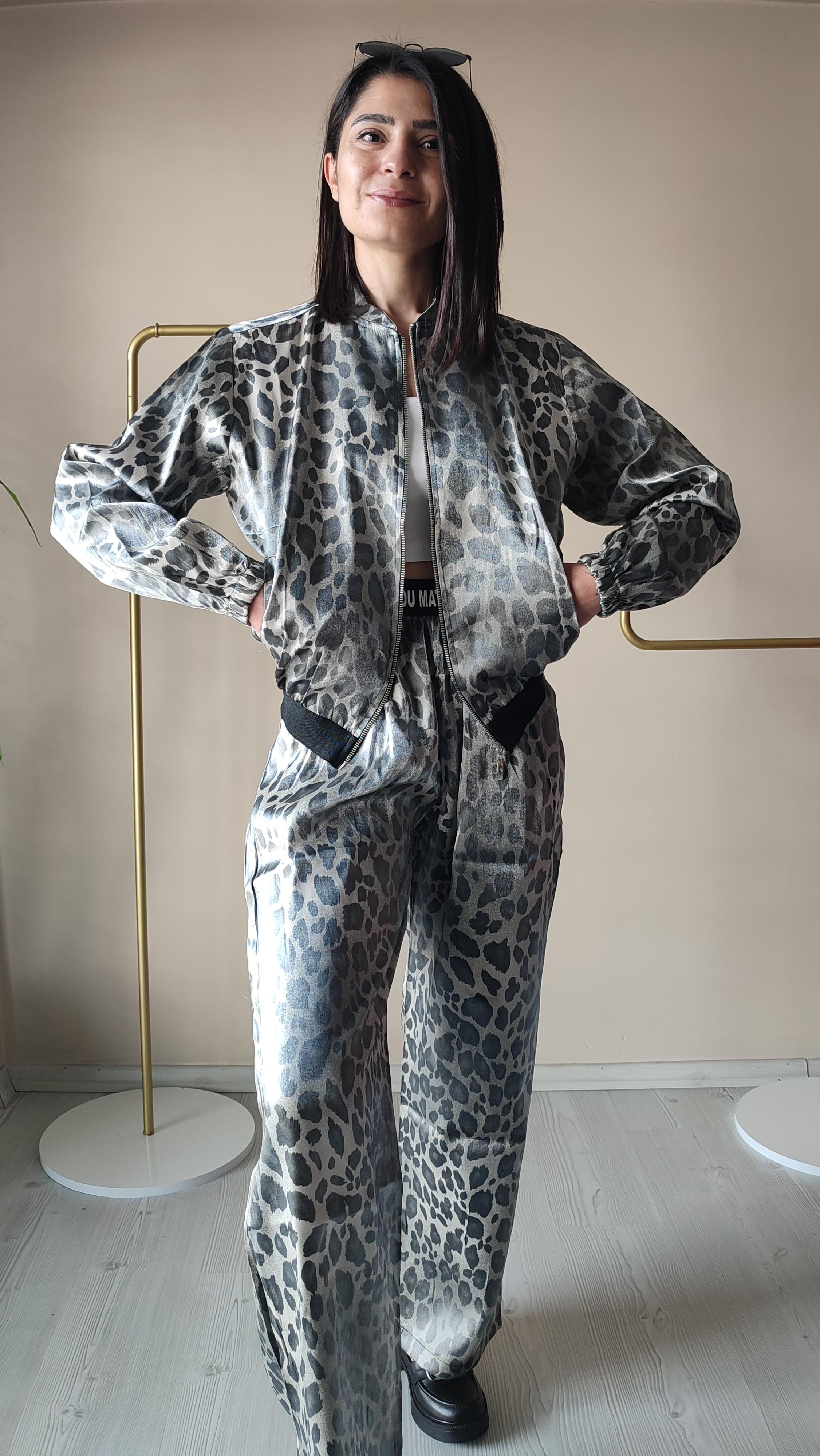 Leopar Desen ipek saten Bomber Ceket