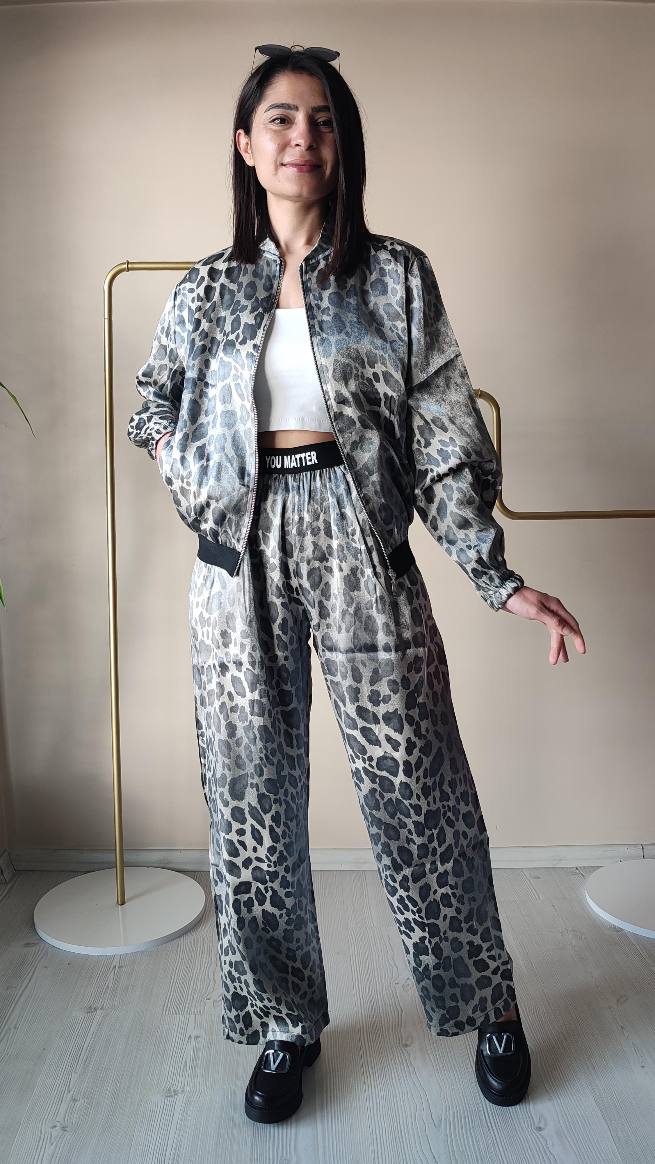 Leopar Desen ipek saten Palazzo Pantolon 
