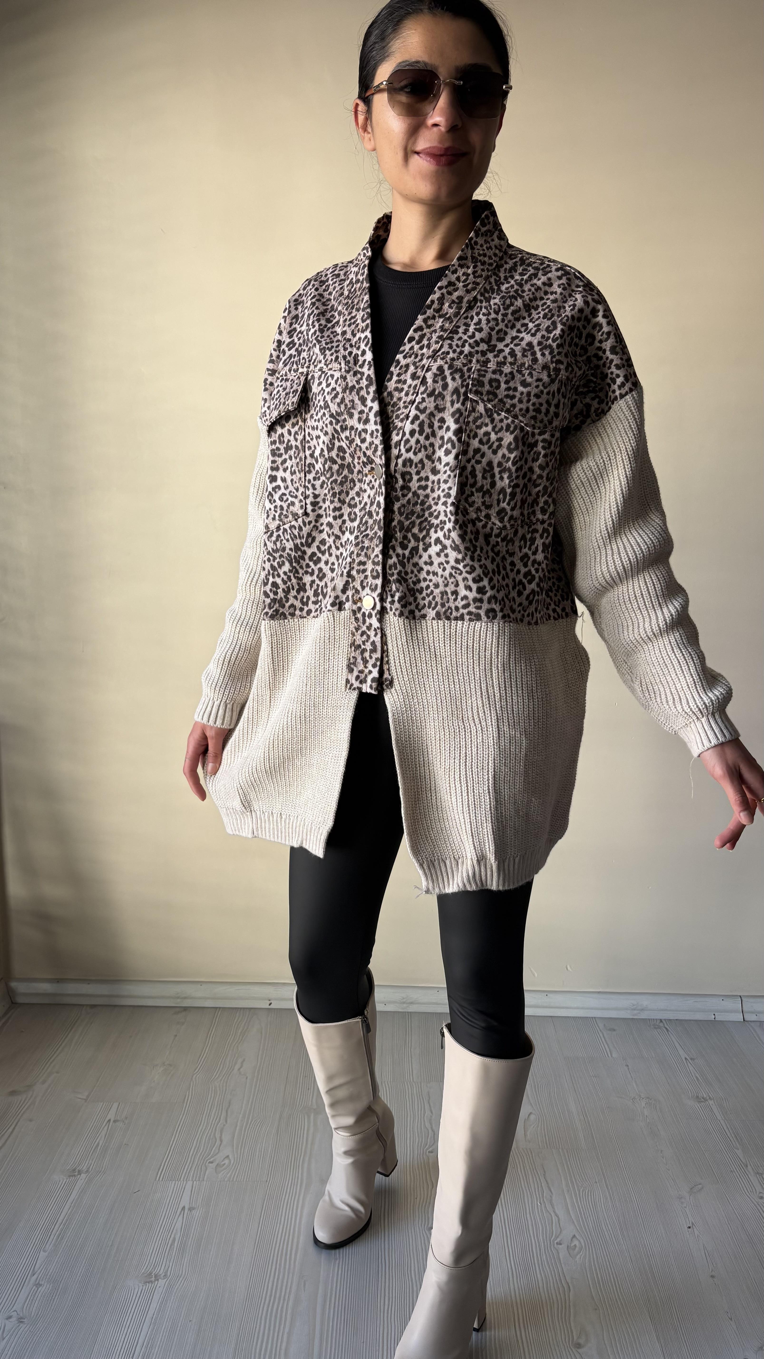 Leopar Gabardin Triko Tasarım Hırka 