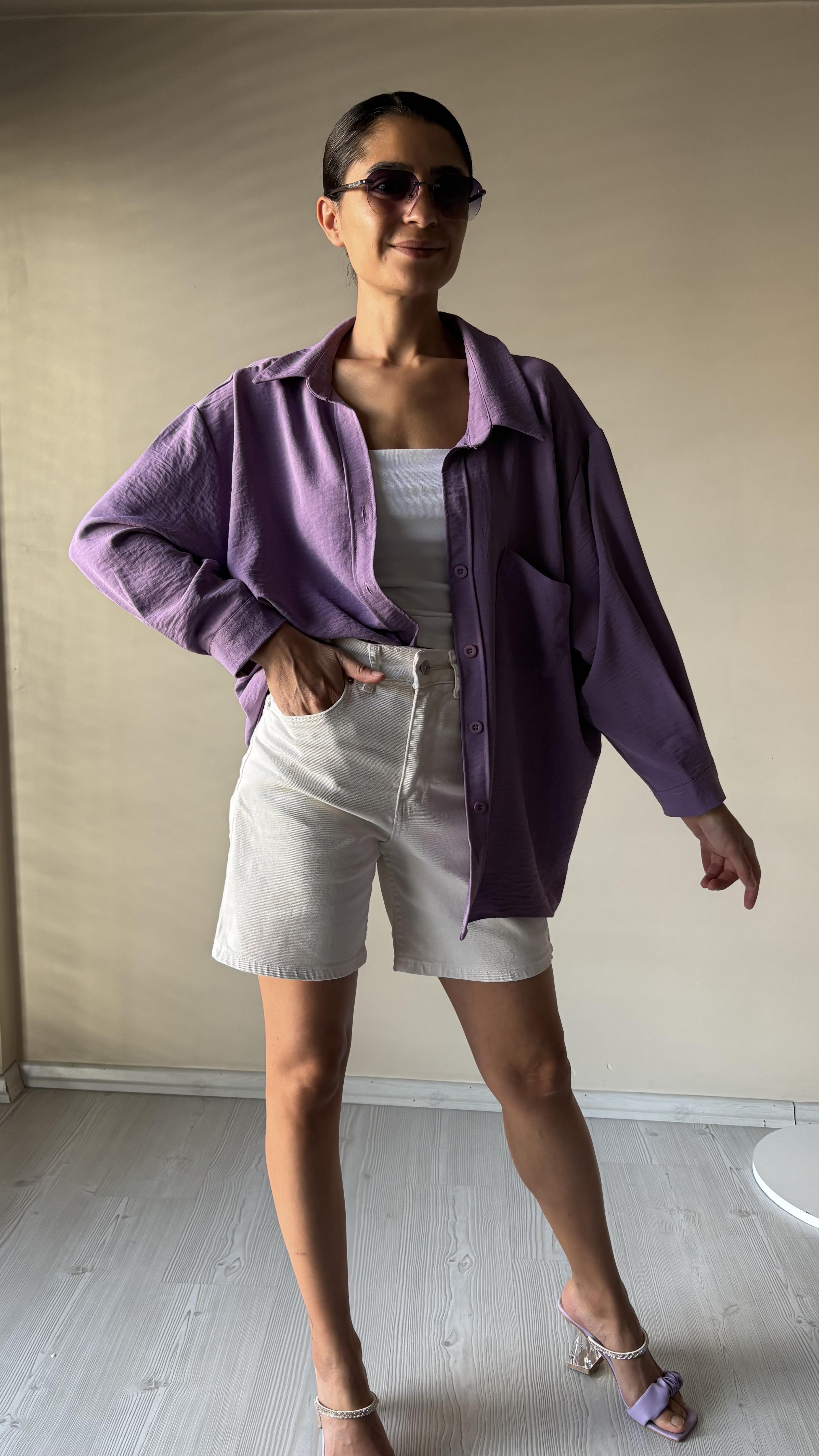 Lila Aerobin Düşük omuz Oversize Gömlek