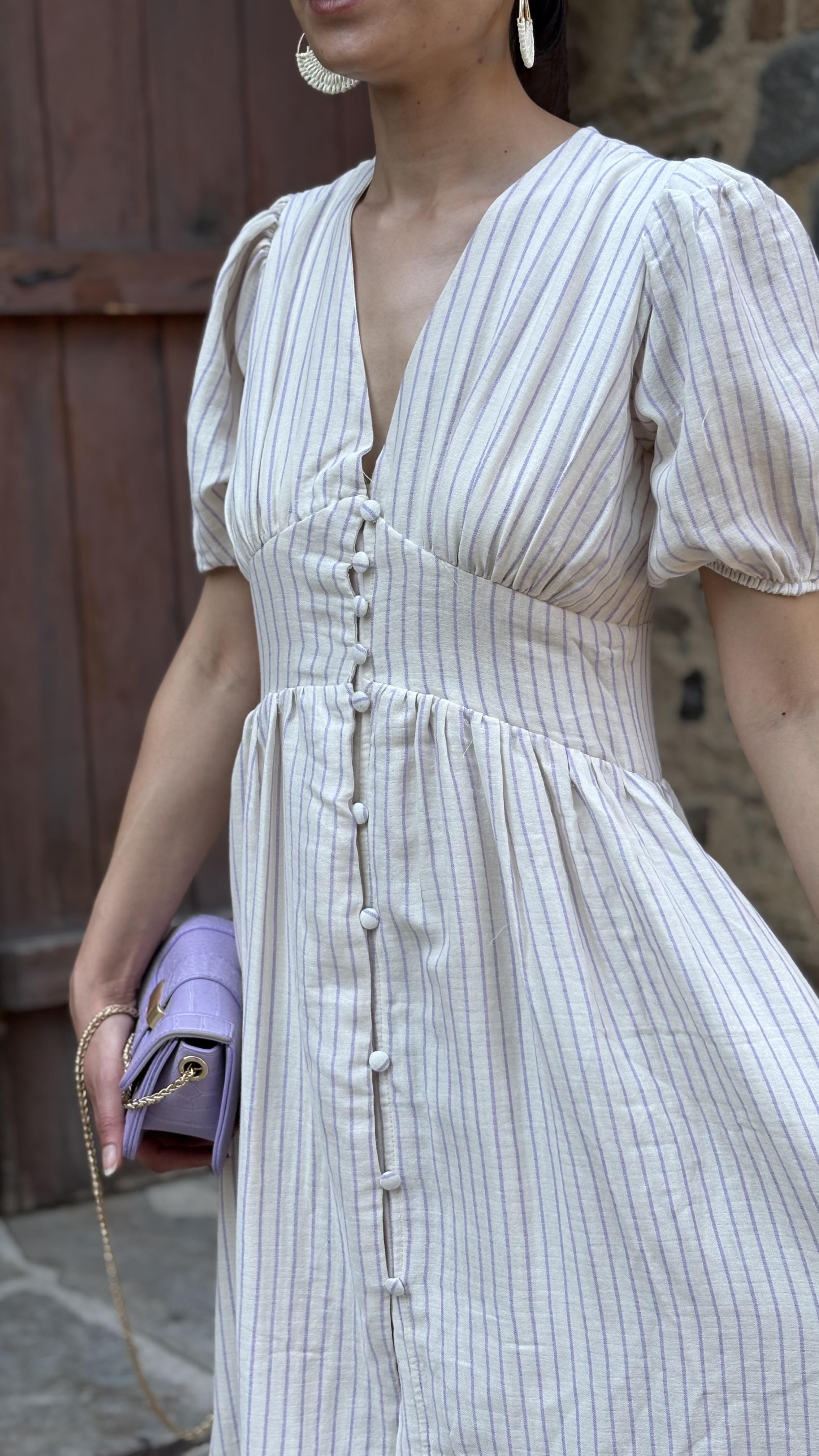 Lila çizgili Astarlı Keten Elbise 