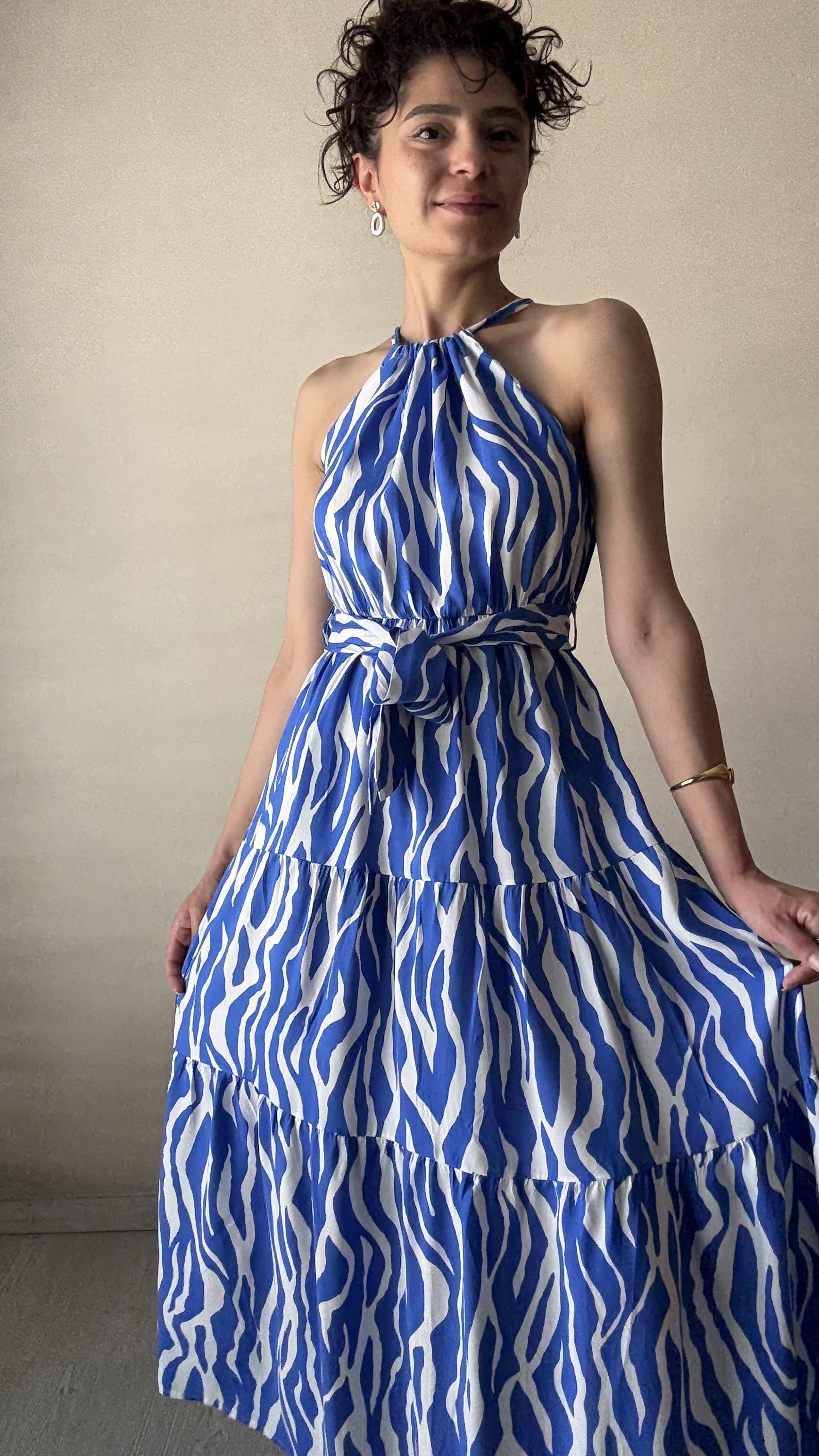 Mavi -Beyaz viskon Halter Elbise 