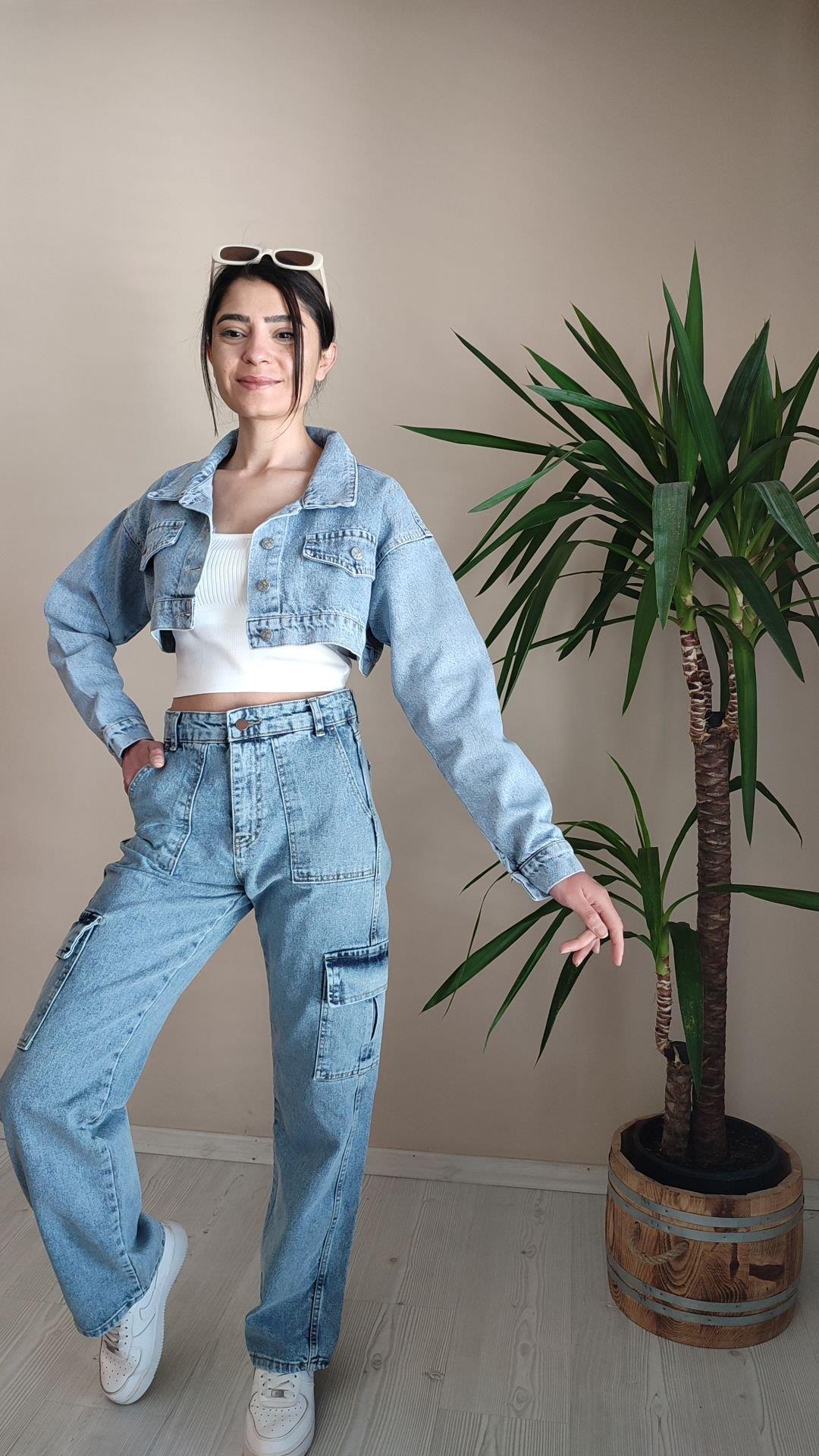 Mavi crop Jean ceket