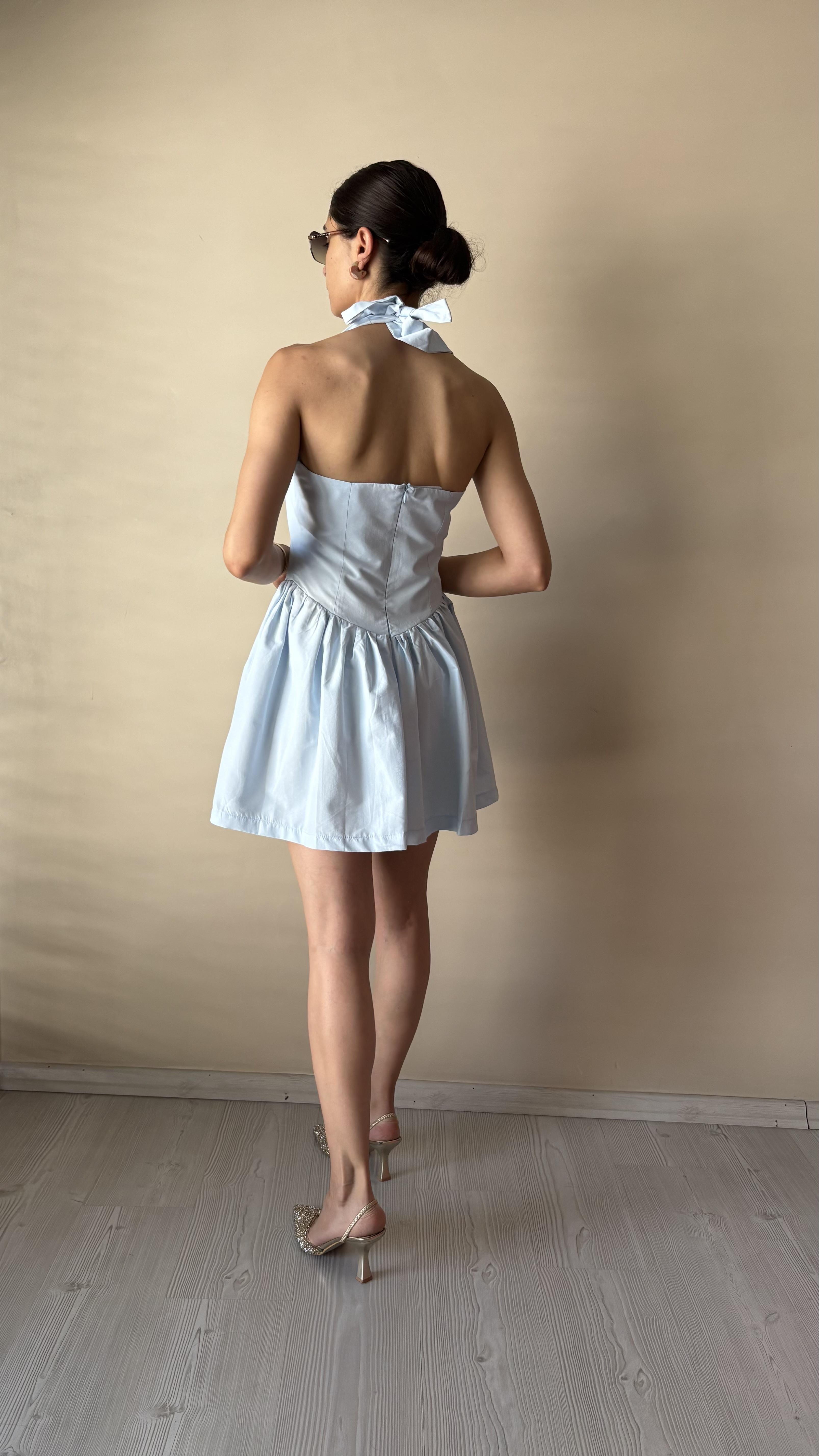 Mavi poplin Boyundan Bağlamalı Elbise 