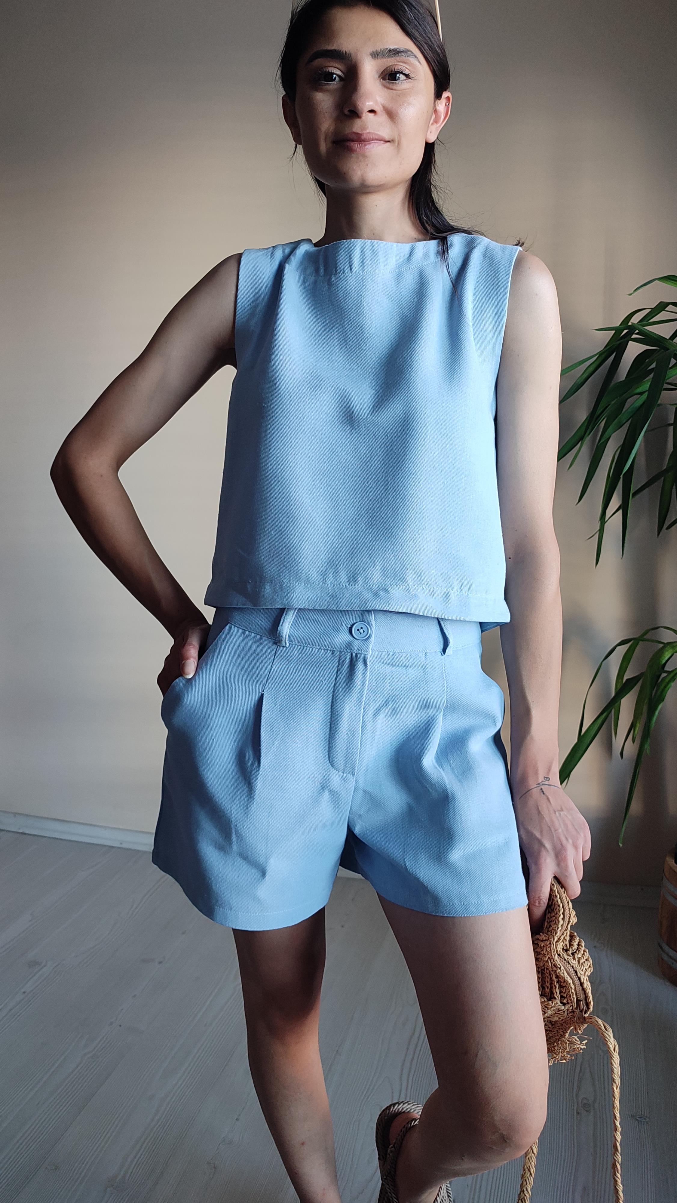 Mavi Şortlu Keten Takım 