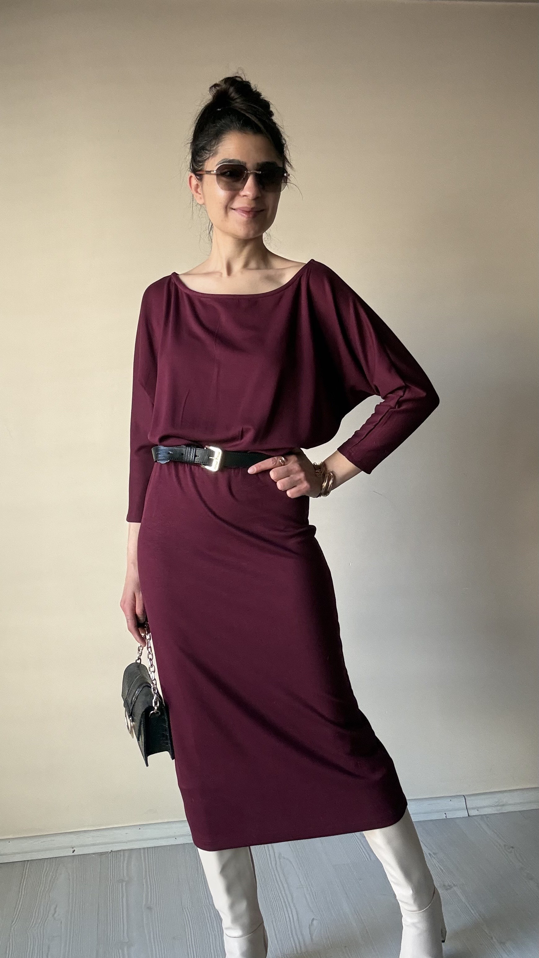 Mürdüm Bel Lastikli Modal  Elbise 