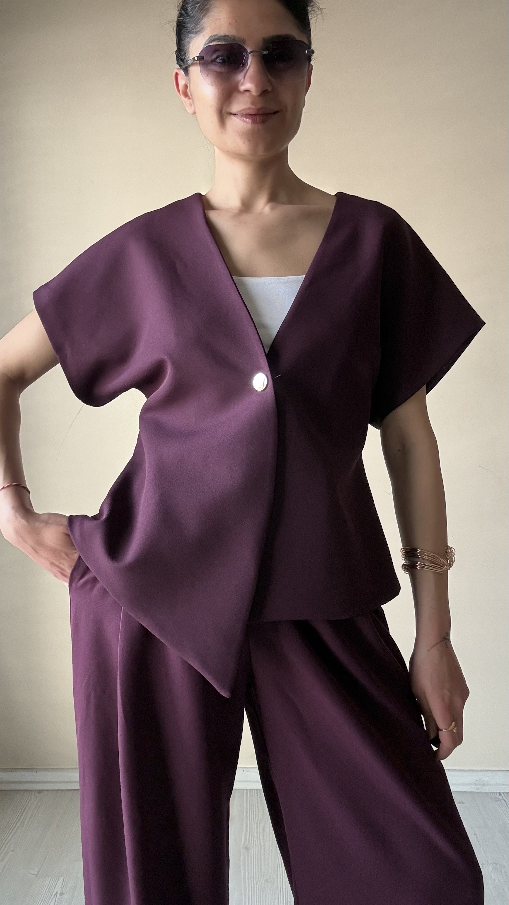 Mürdüm Tek Düğme Asimetrik Yelek