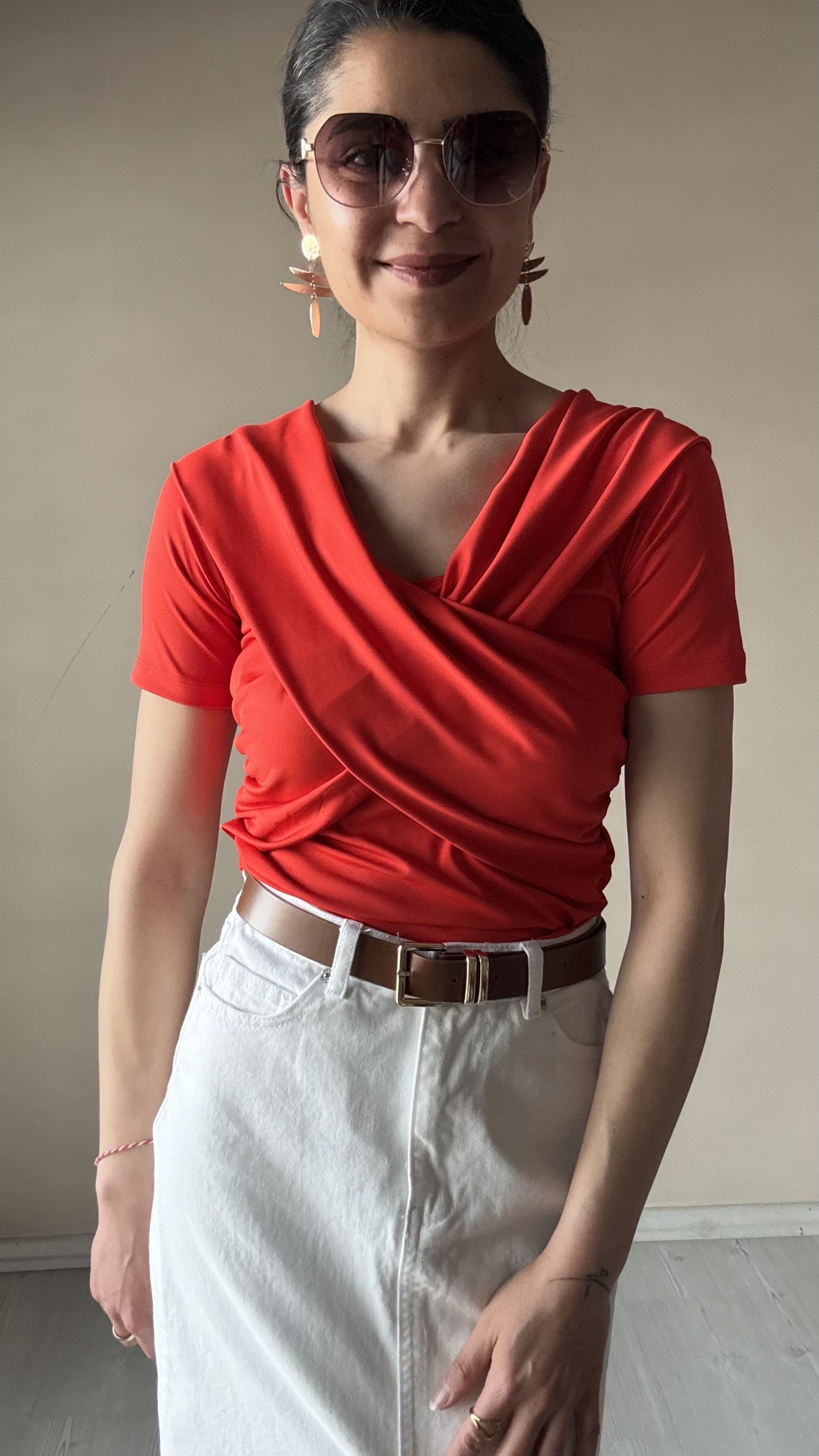 Nar çiçeği Kruvaze Yaka Kısa kol Bluz