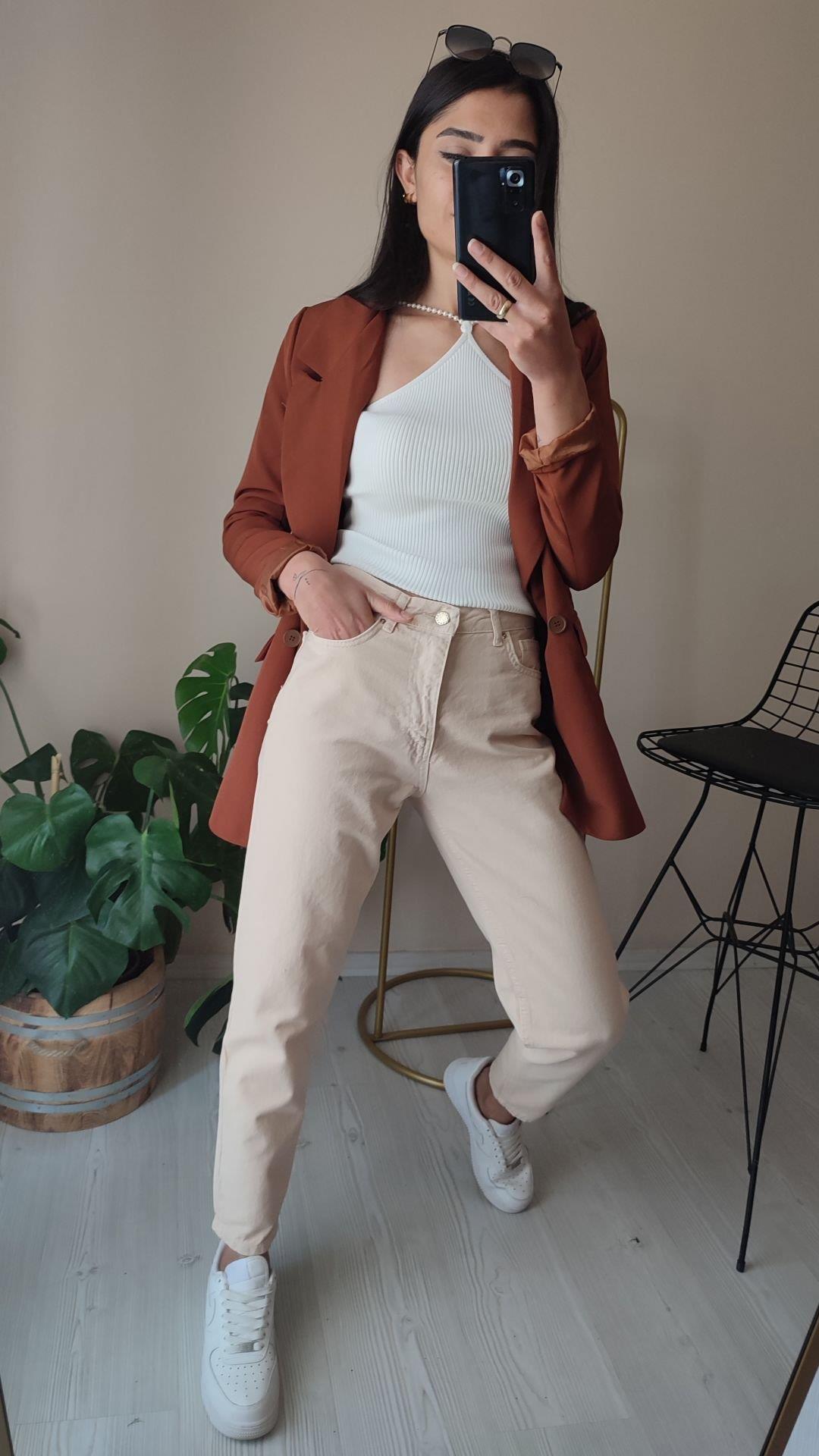 Orjinal marka Bej Mom pantolon