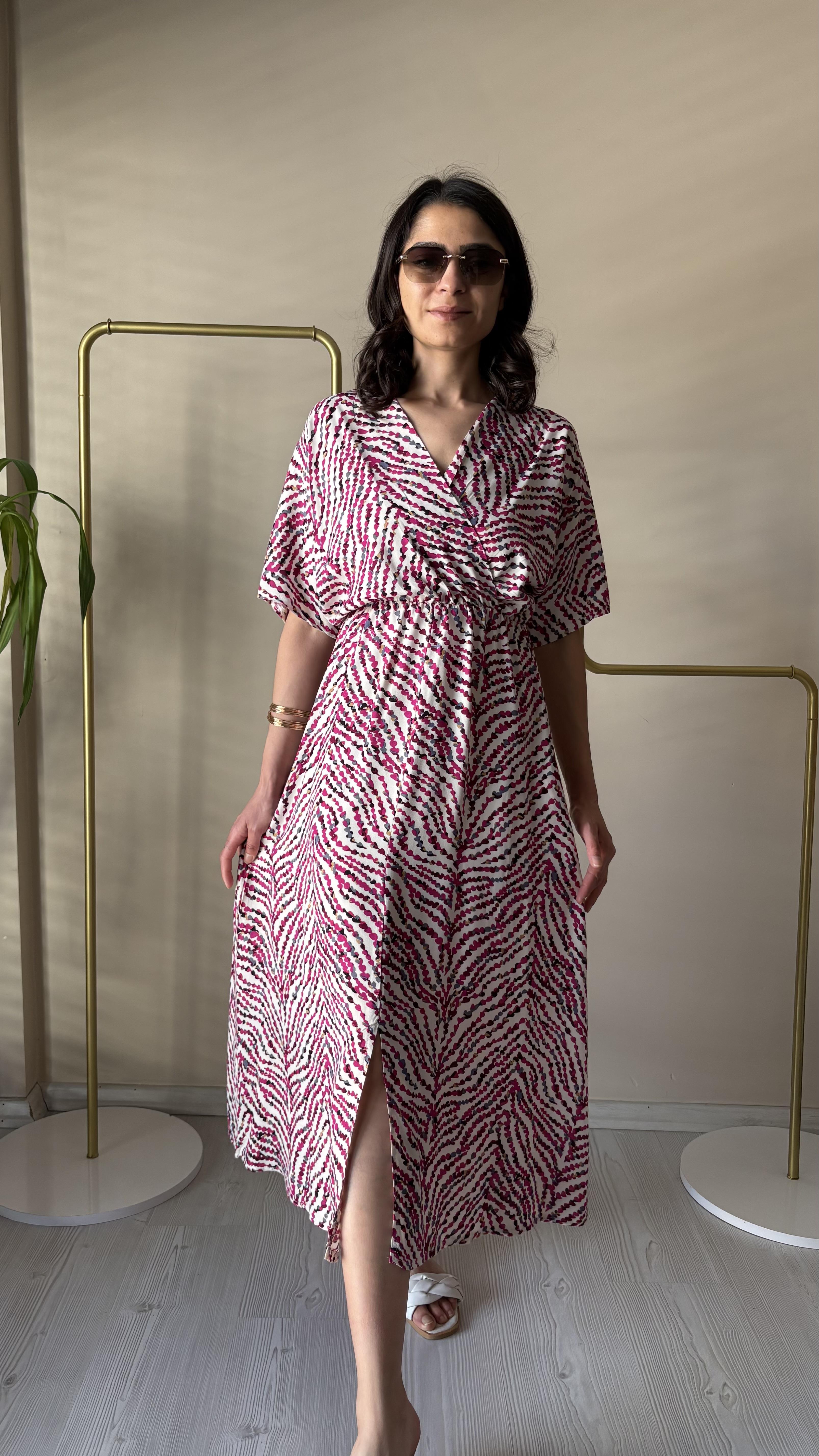 Pembe MD kruvaze yaka viscon Midi Elbise