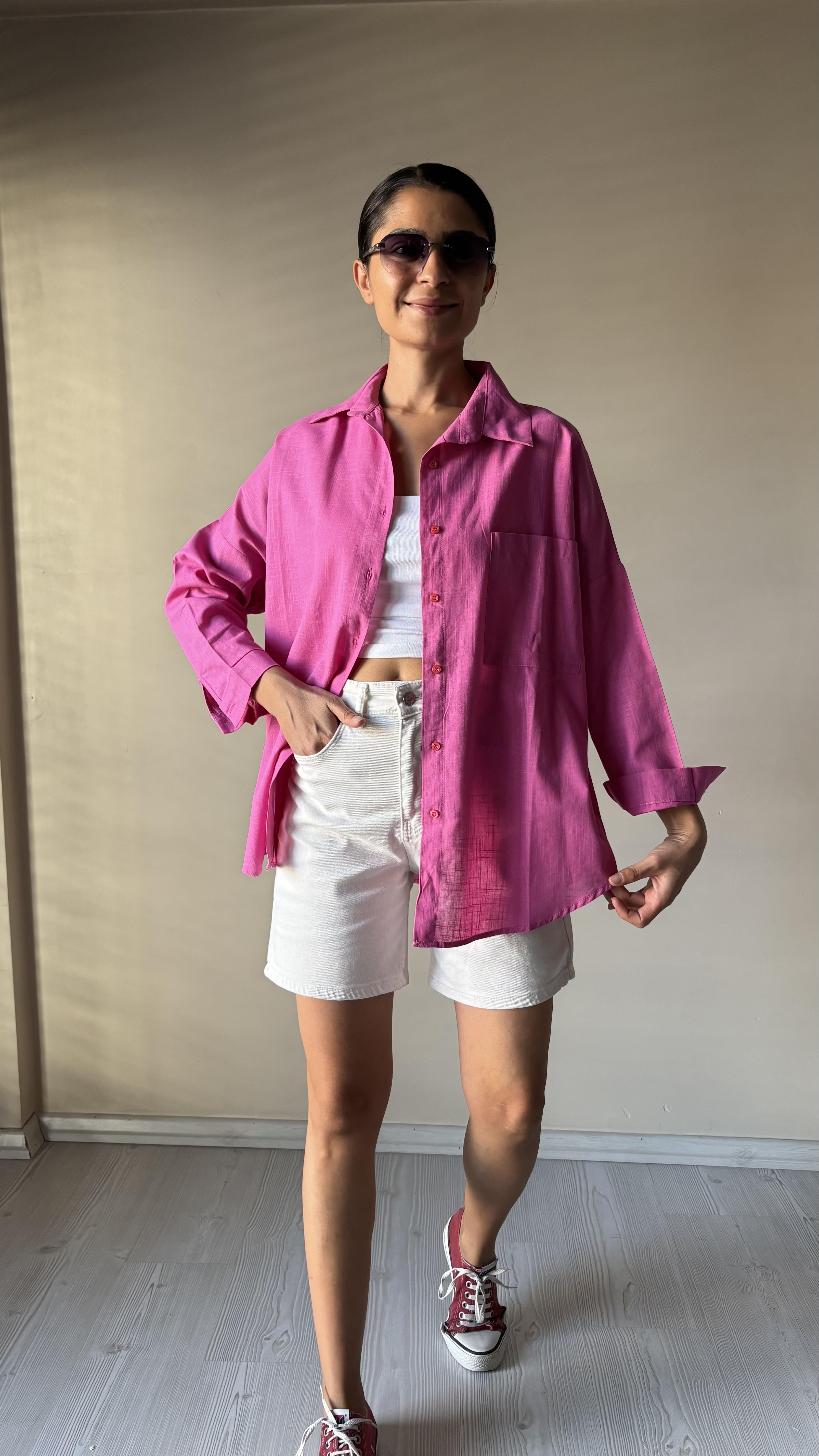 Pembe Oversize Keten Gömlek
