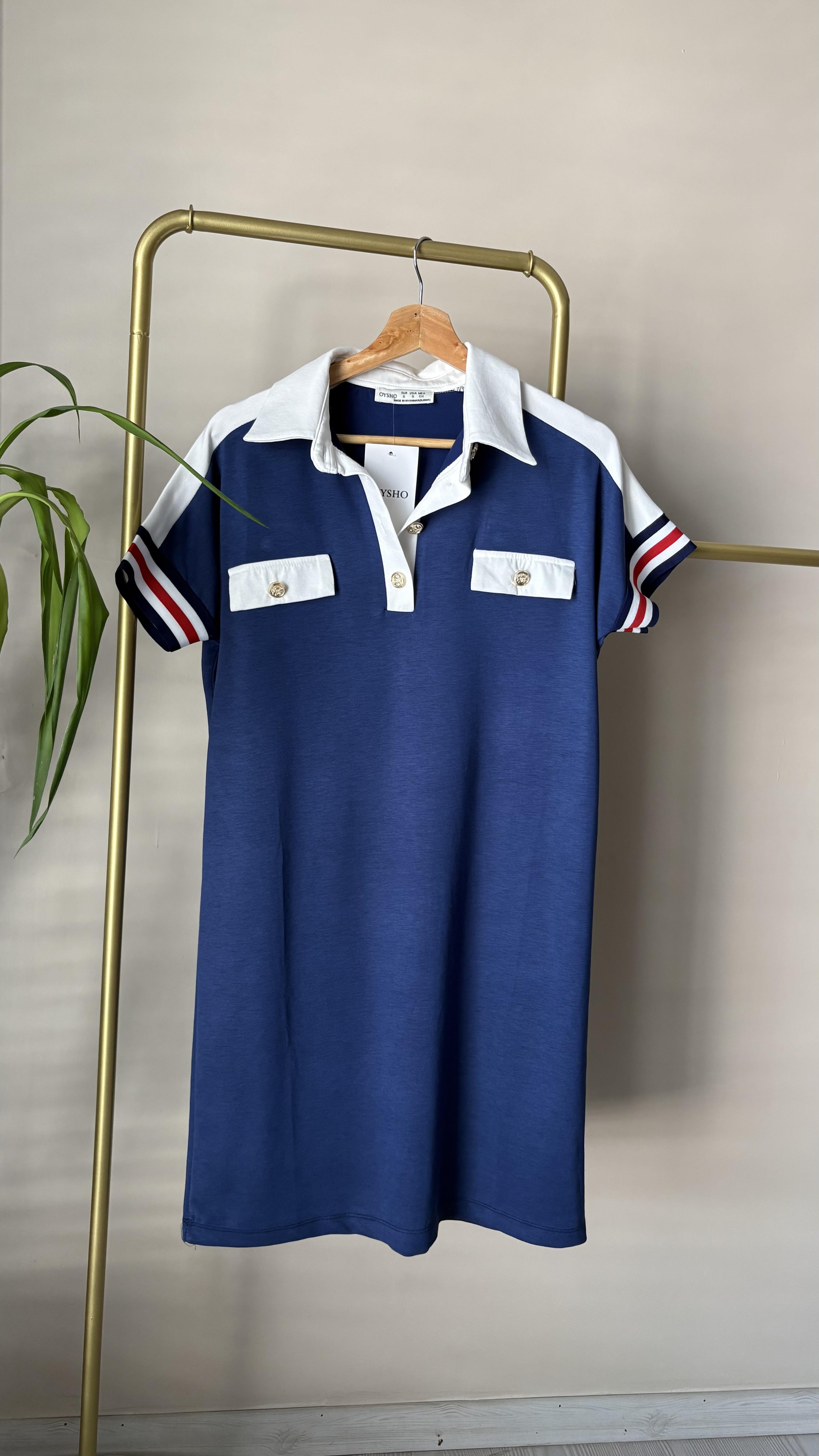 Polo yaka biyeli lacivert likralı Elbise