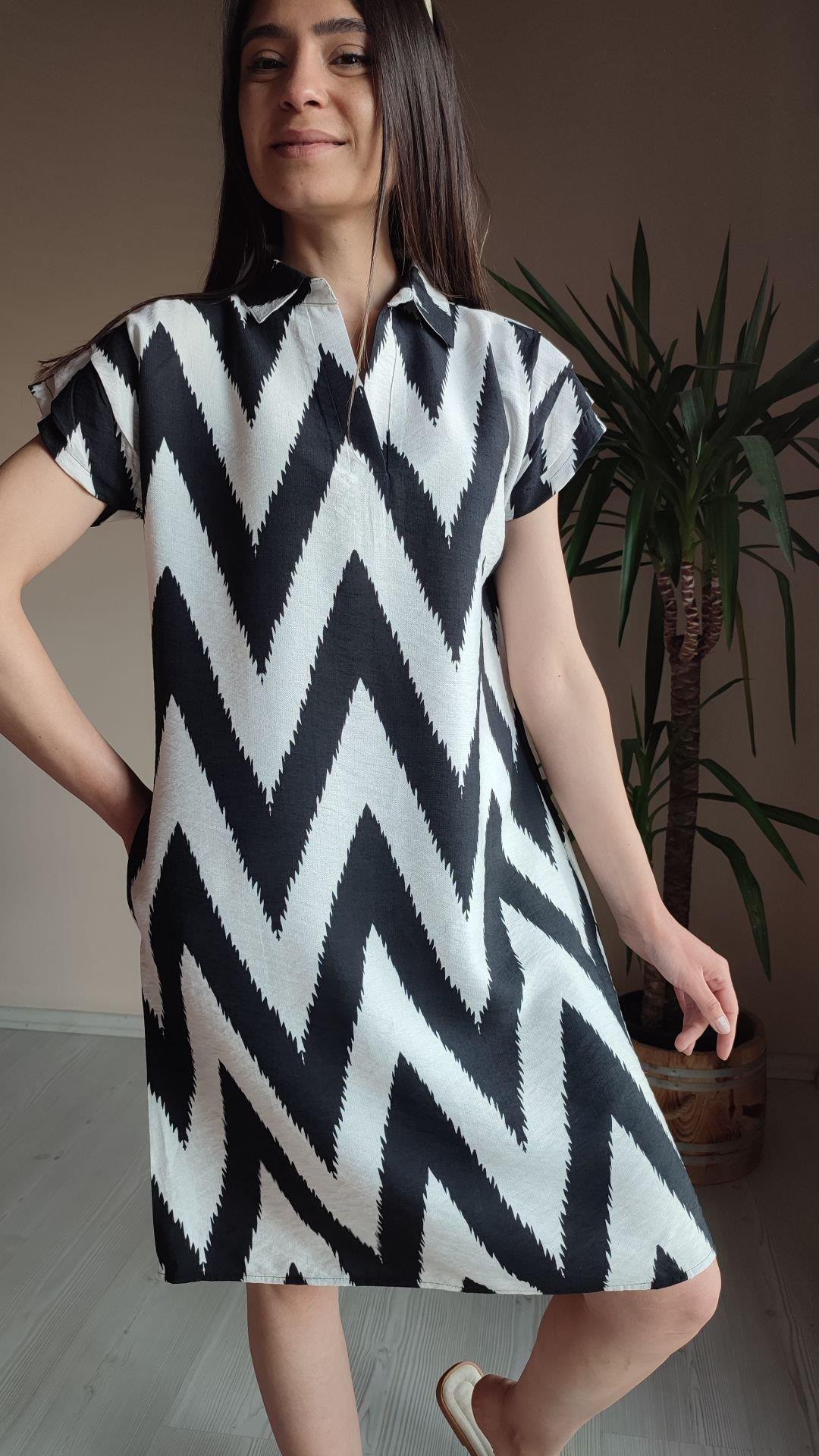 Polo Yaka zigzag Desenli Keten Elbise