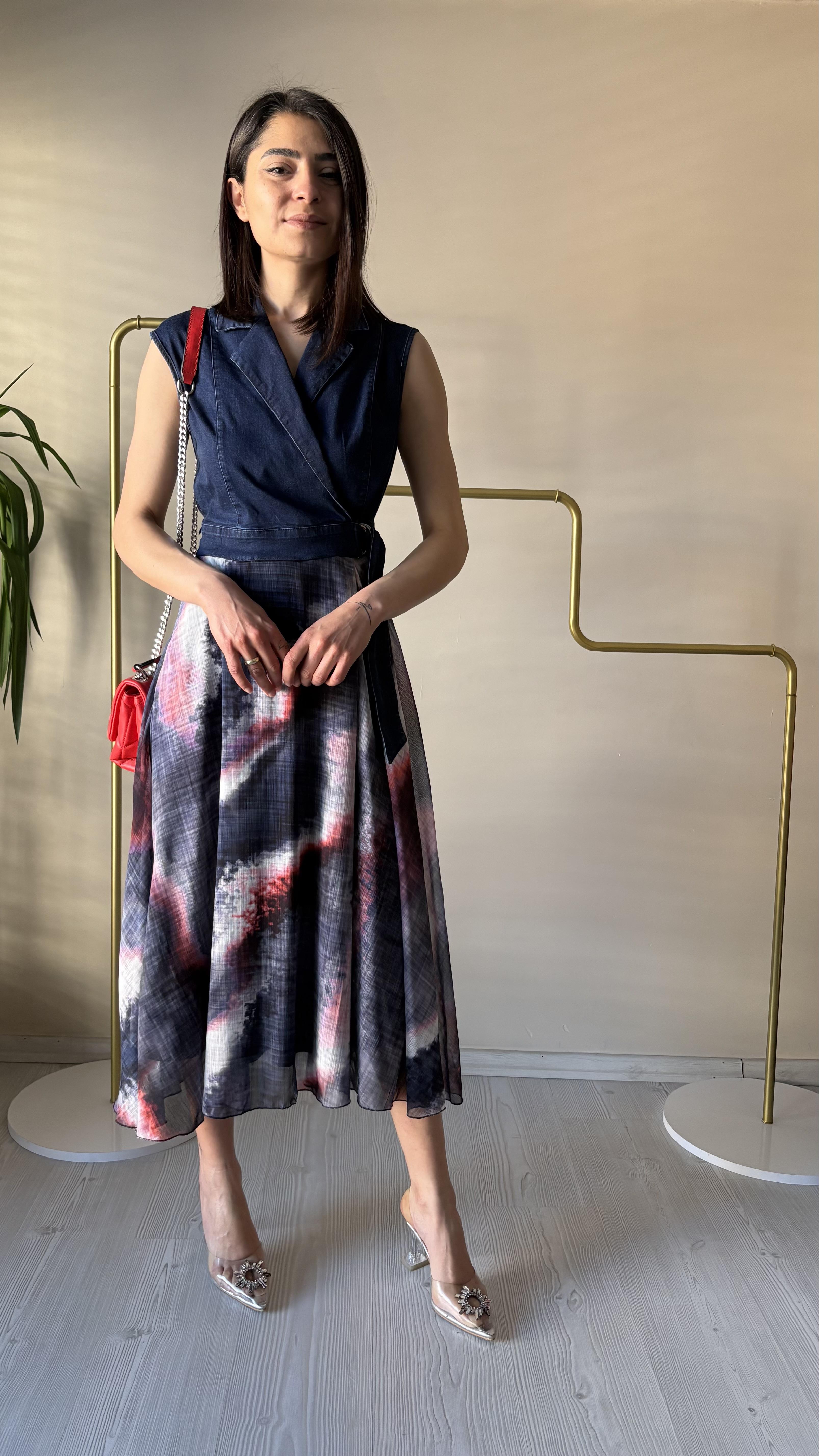 Şifon Etekli Jean Elbisesi 