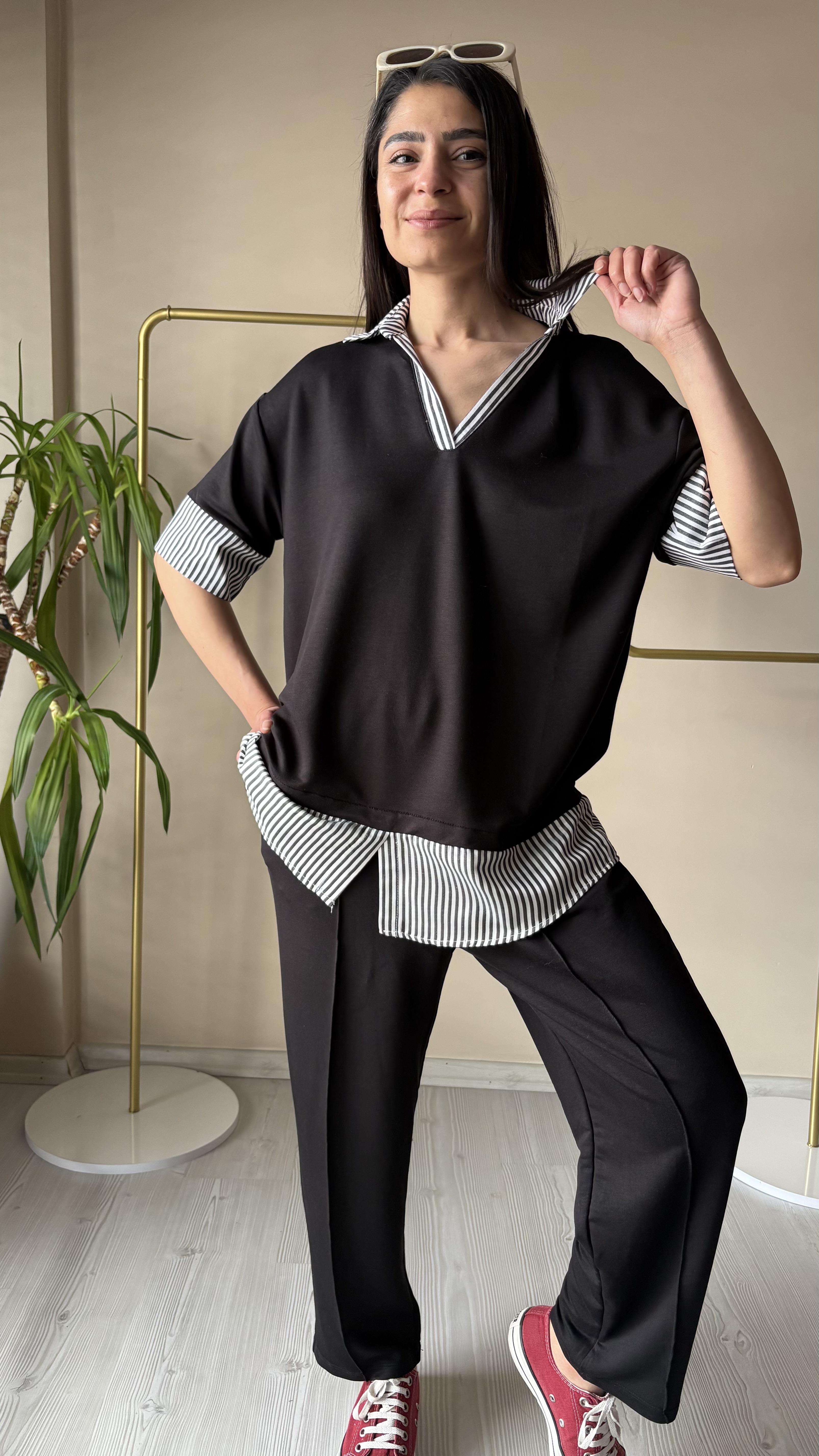 Siyah Çizgili Gömlek Garnili Takım