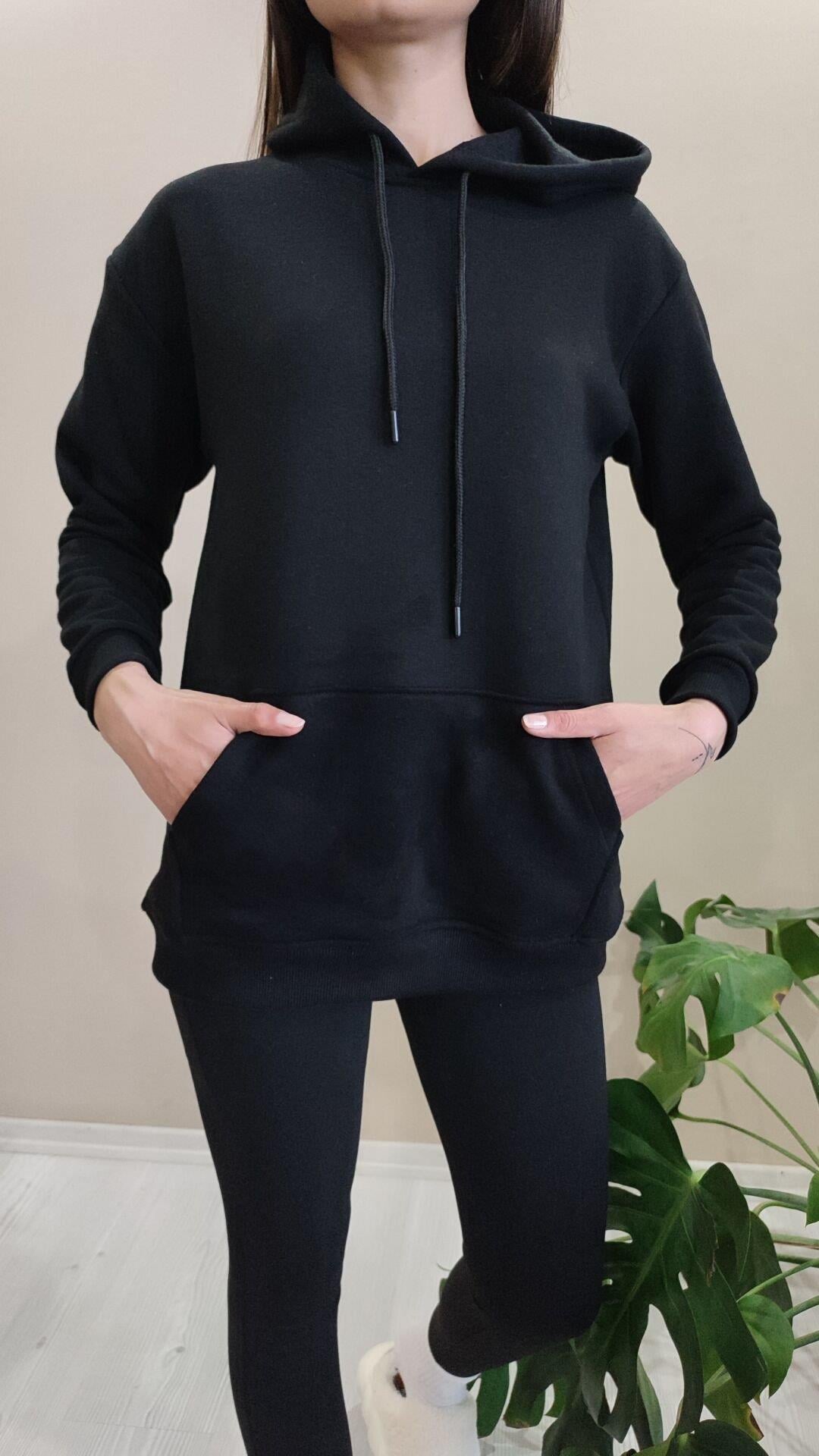 Siyah kapşonlu kanguru cepli üç iplik şardonlu basic sweat