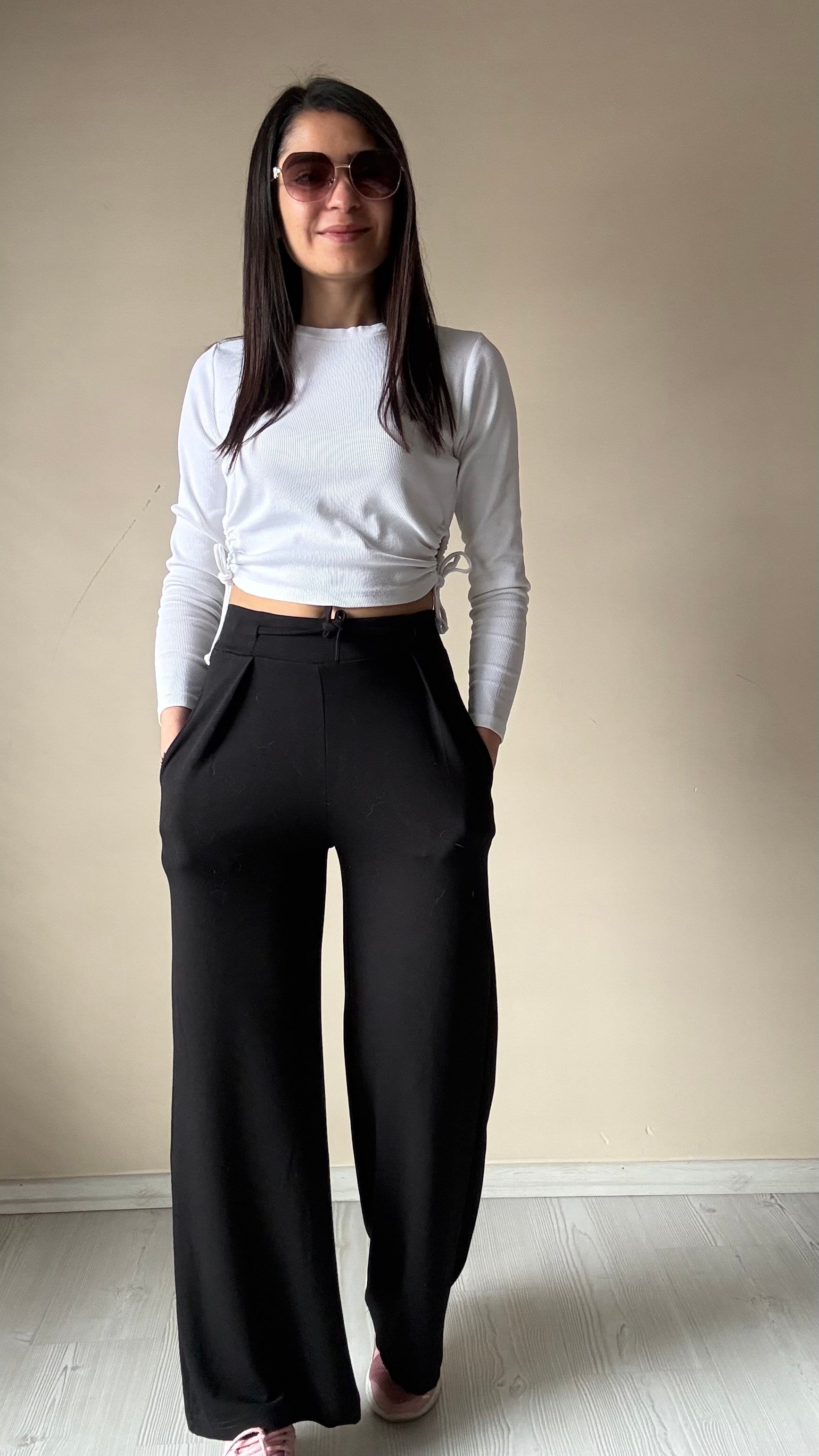 Siyah Modal Bel Büzgülü Pantolon 