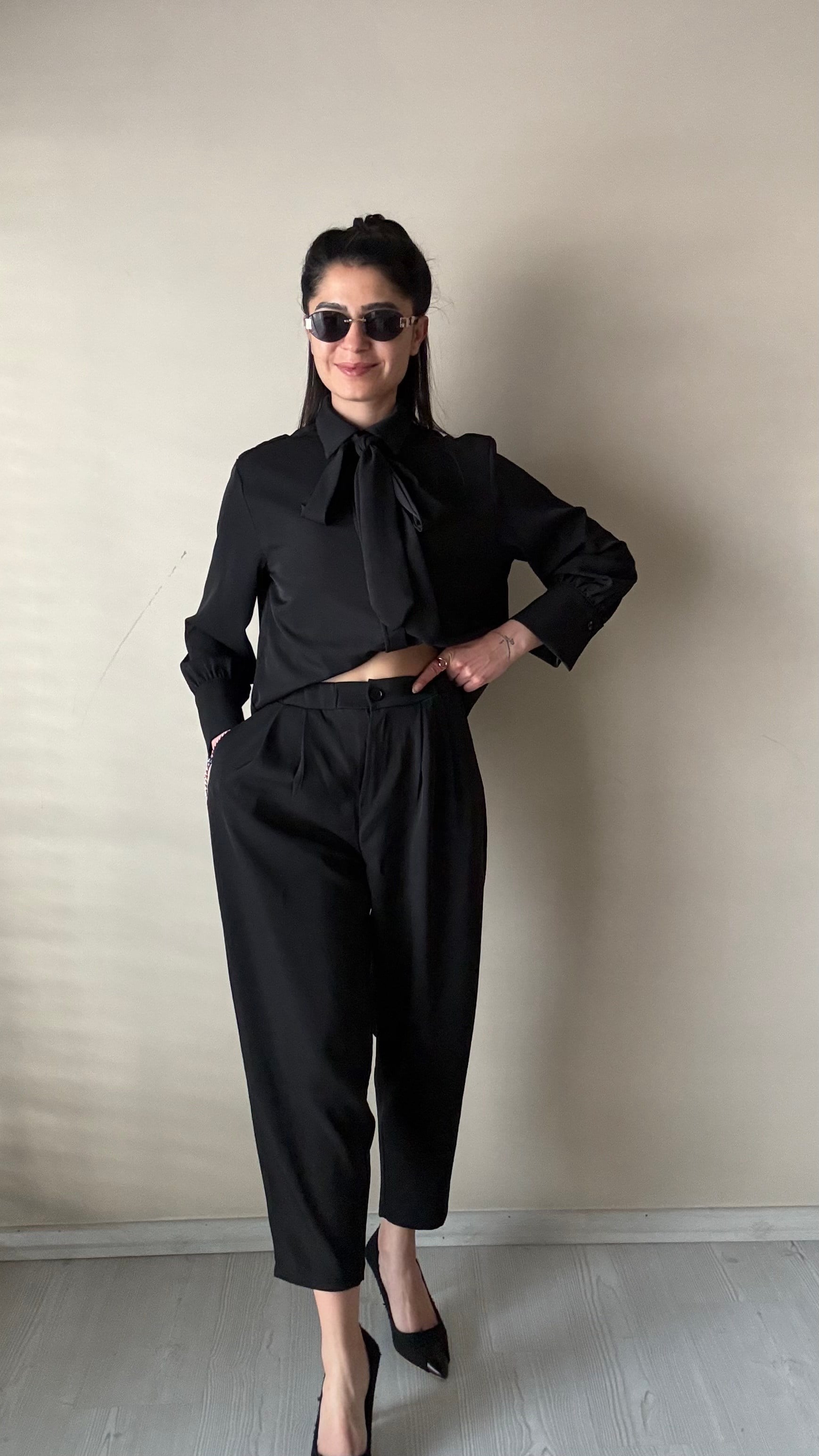 Siyah Tensel Dokuma Gömlek & Pantolon Takım