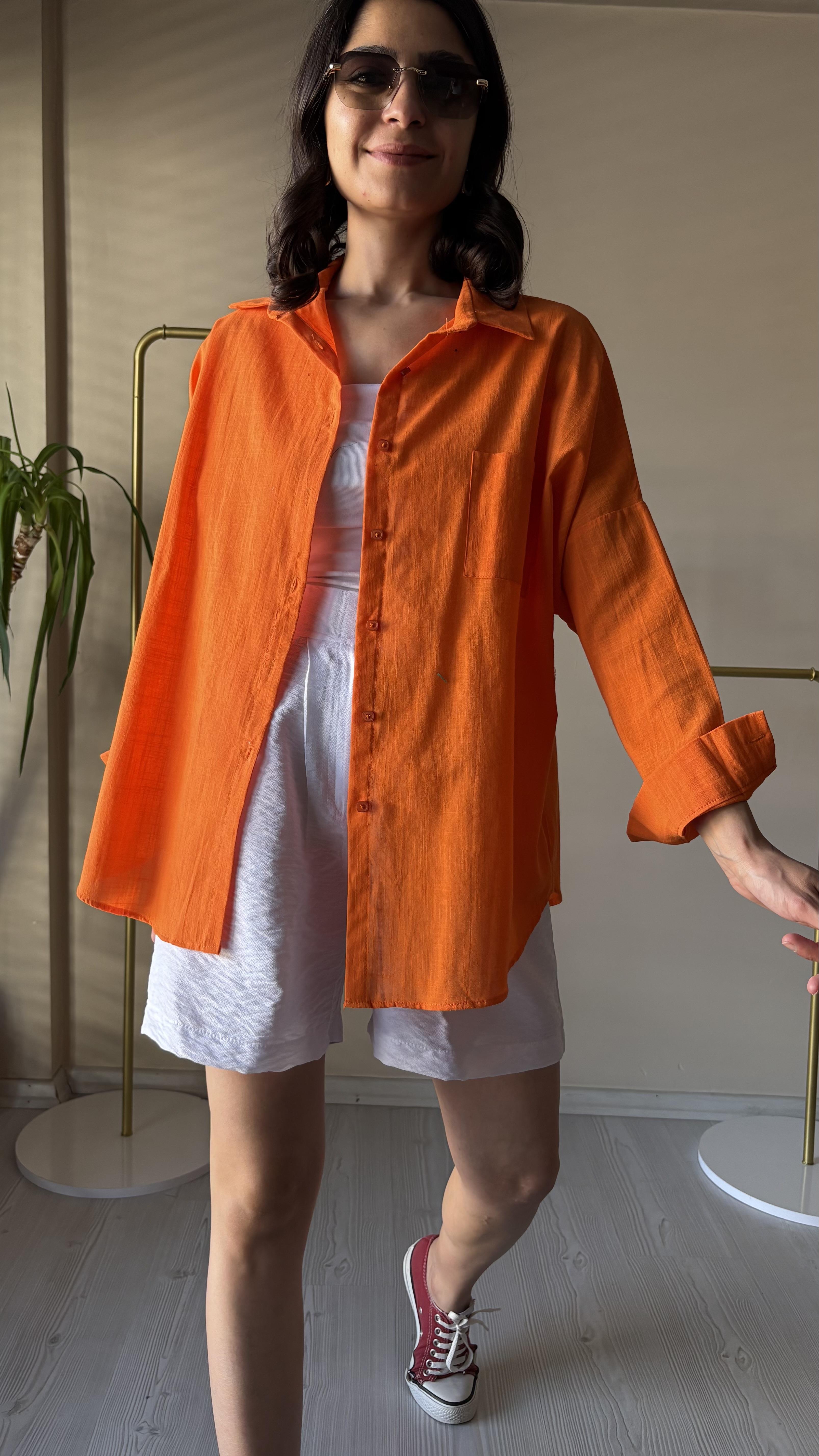Turuncu Oversize Keten Gömlek