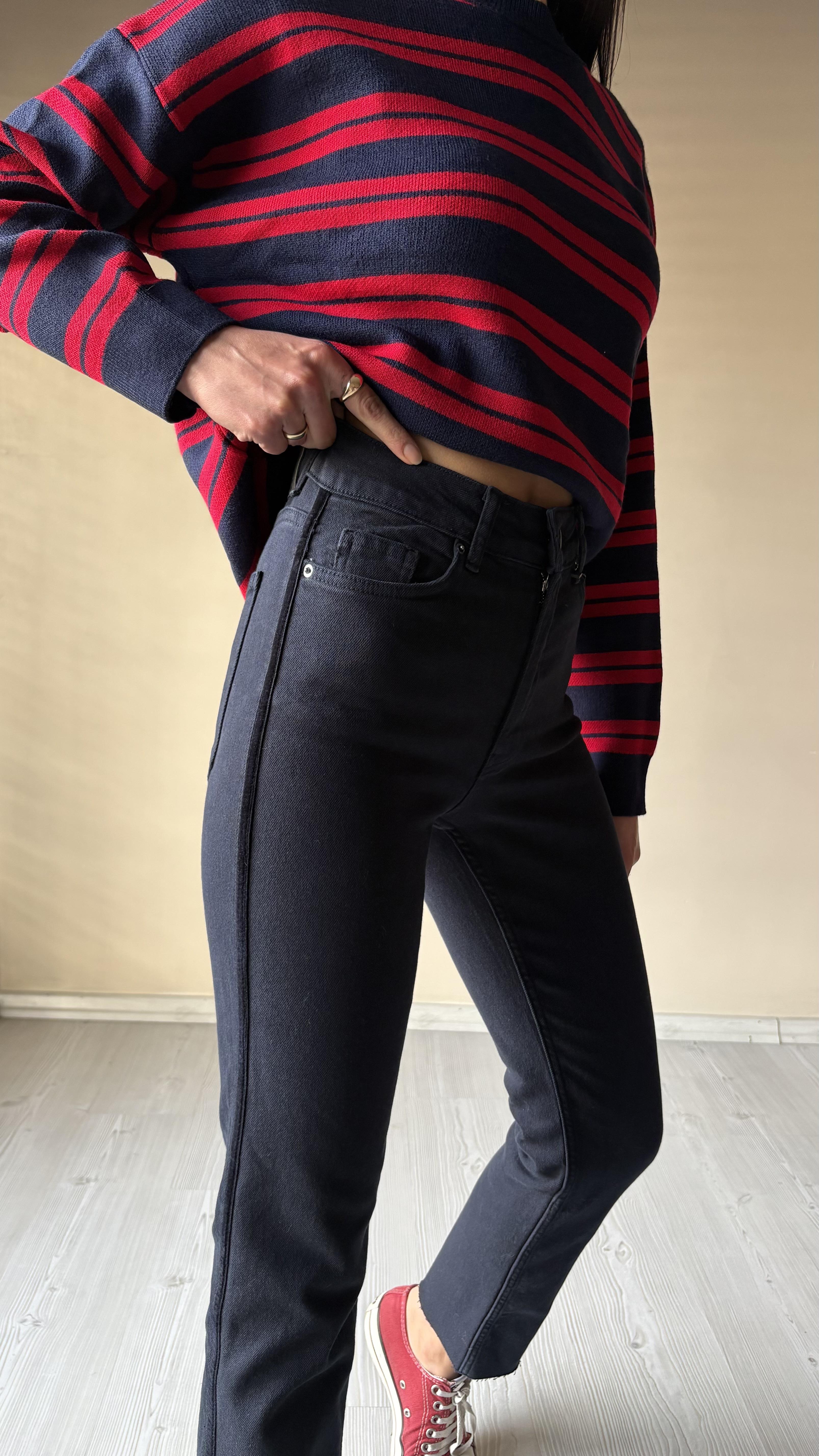 X love Lacivert yan süet şeritli lazer kesim jean