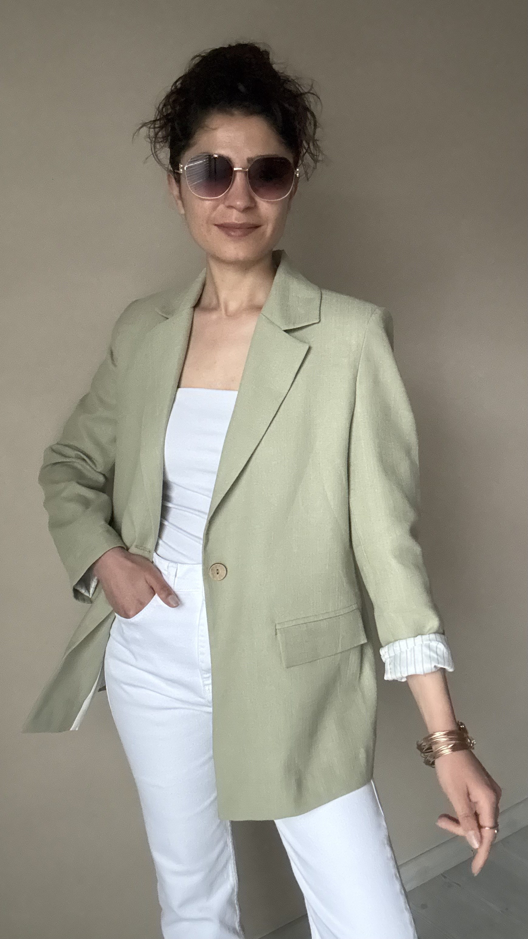 Yaşil Keten Çizgi Astar Blazer Ceket