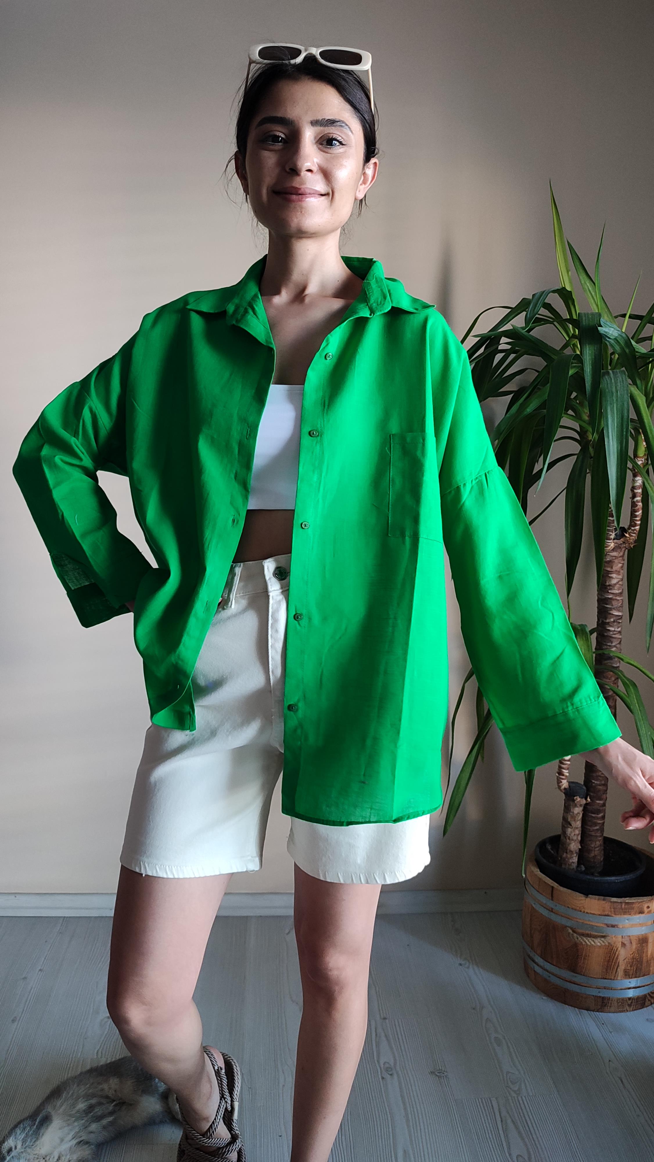 Yeşil oversize Keten Gömlek 