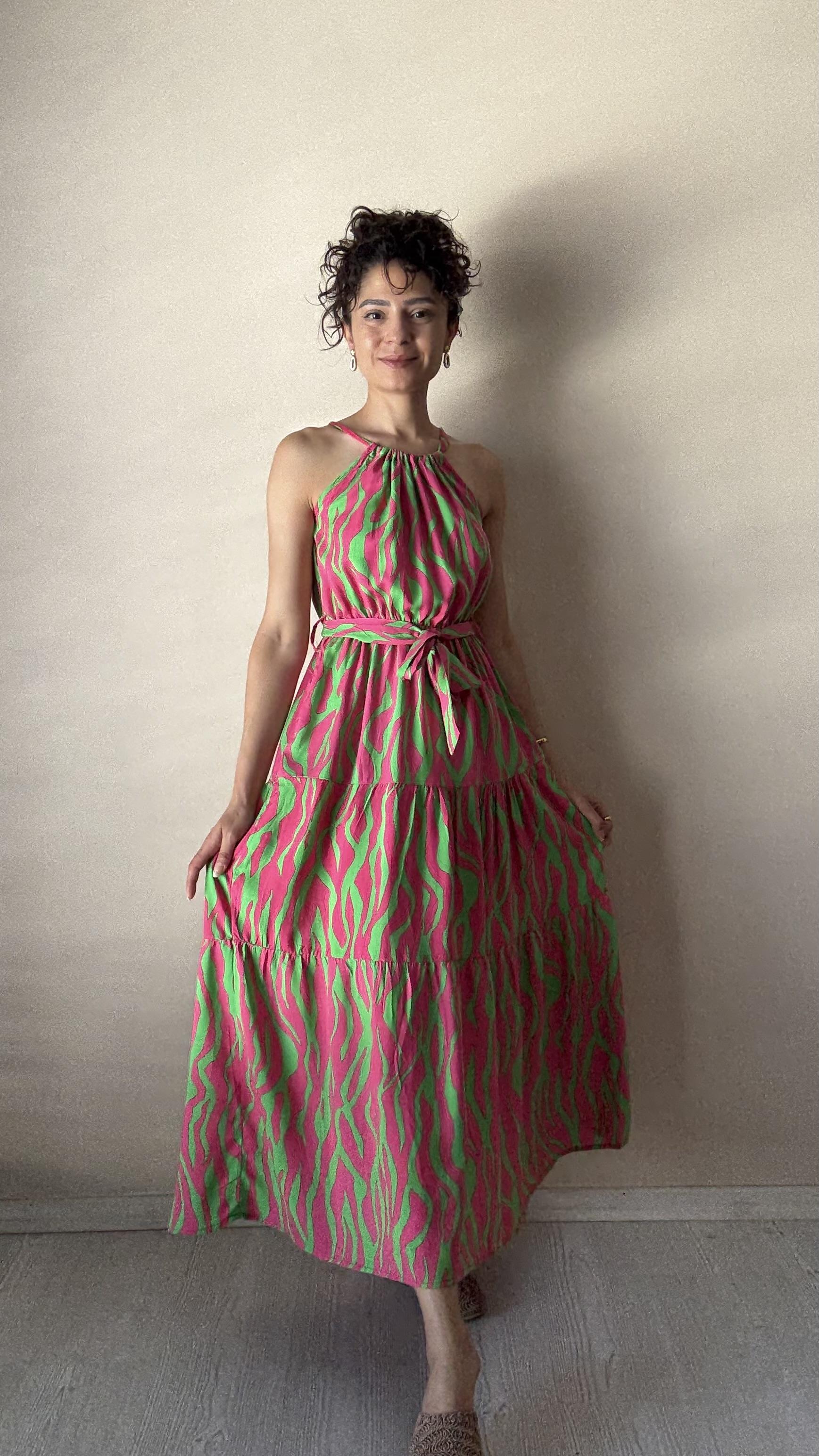 Yeşil- pembe Viskon Halter Elbise 