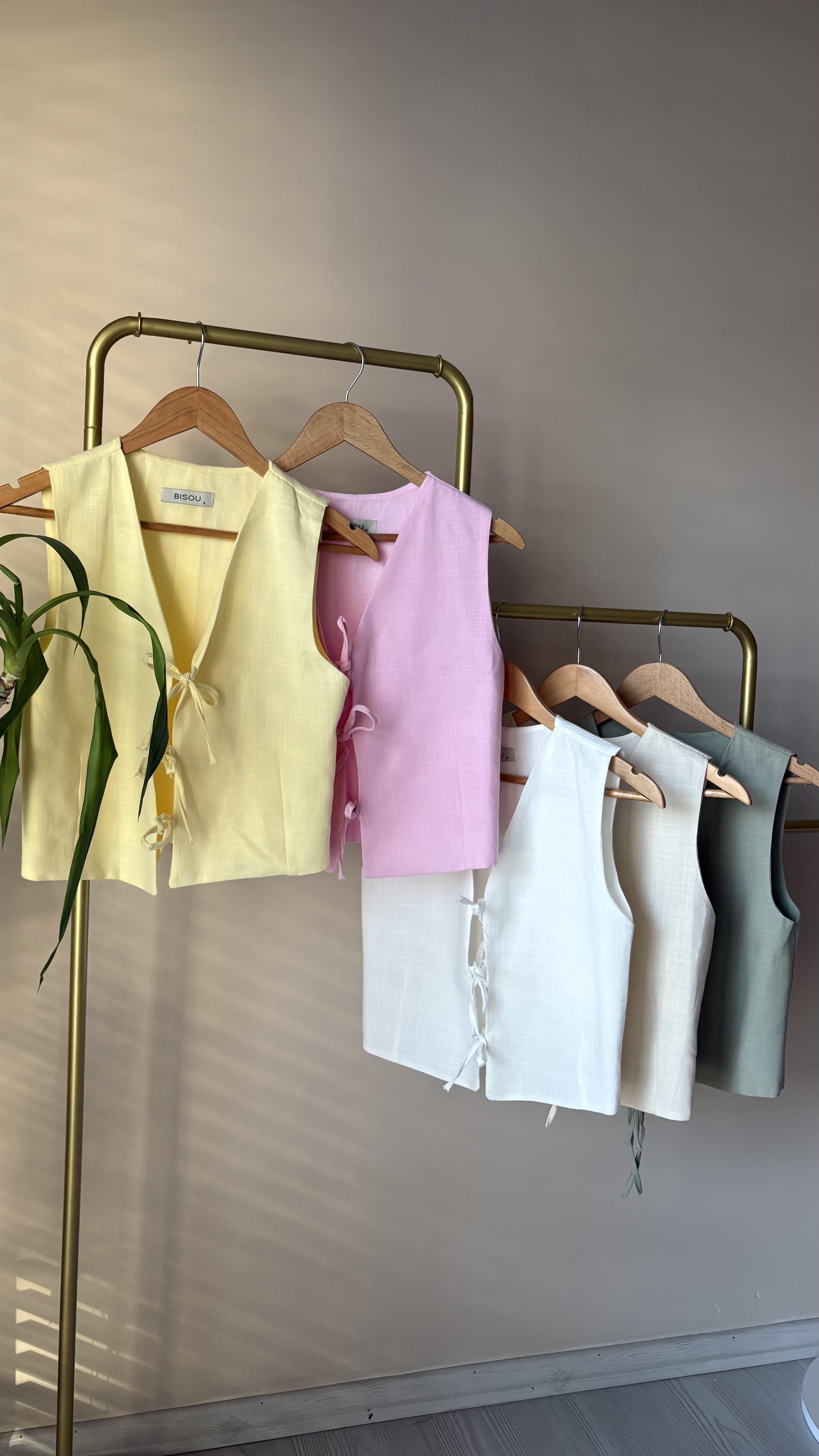 Yıkamalı organik Keten bağlamalı Yelekler