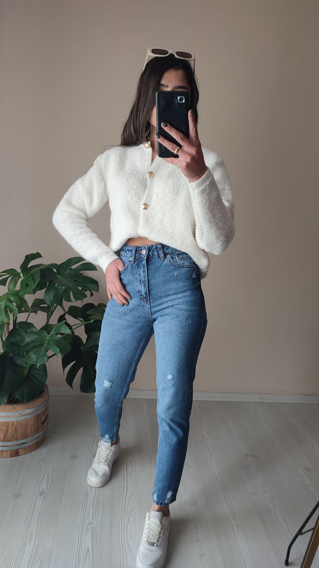 Yüksek bel yırtık detaylı mavi mom Jean
