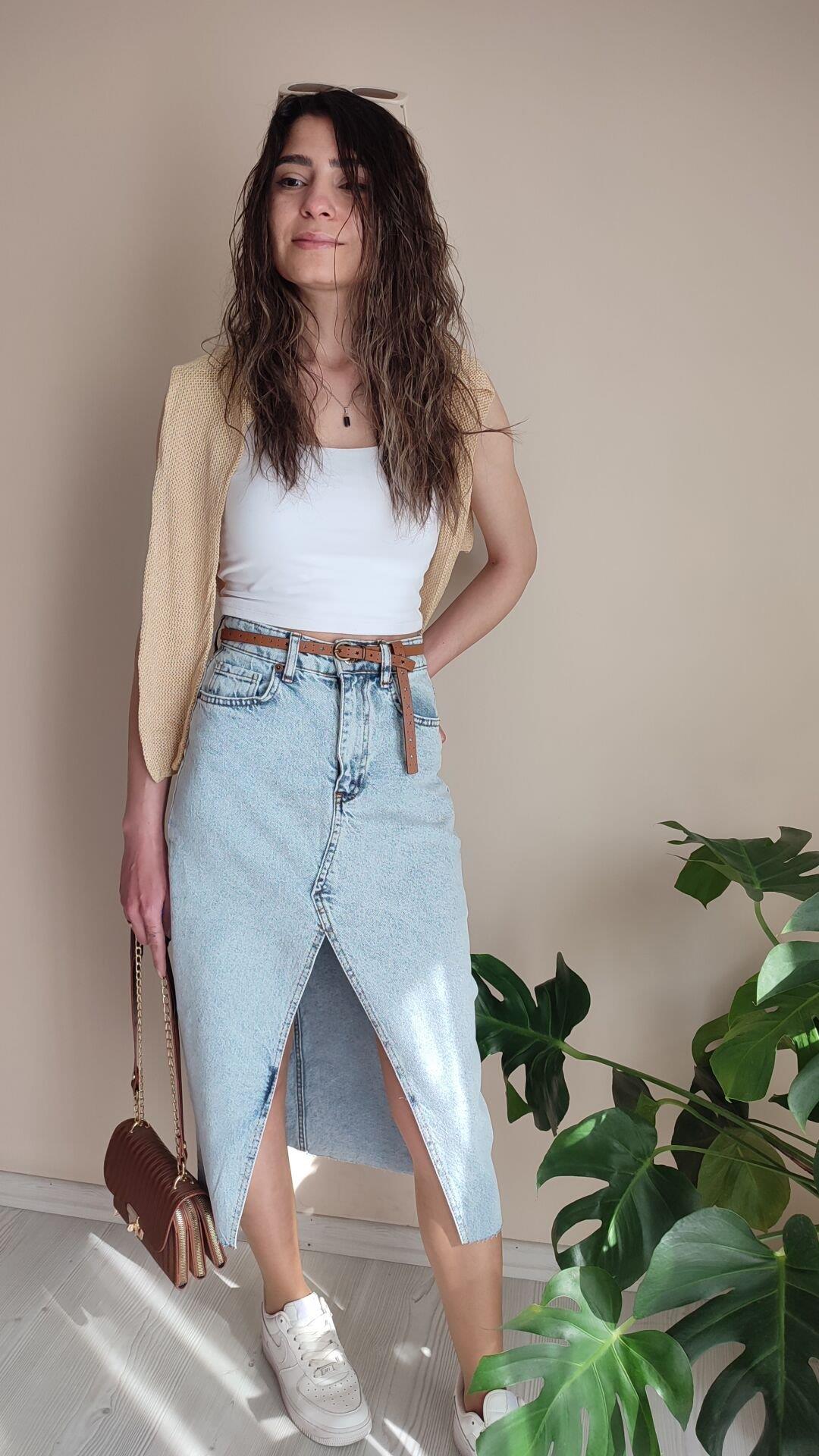 Zara model kar yıkama yırtmaçlı midi Jean etek