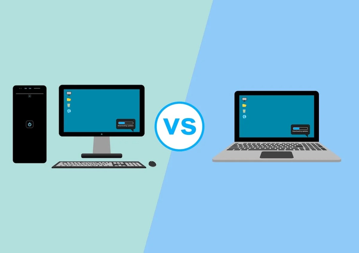 Bir yanda laptop bir yanda masaüstü bilgisayar bulunan masa – ikisi karşılaştırılıyor