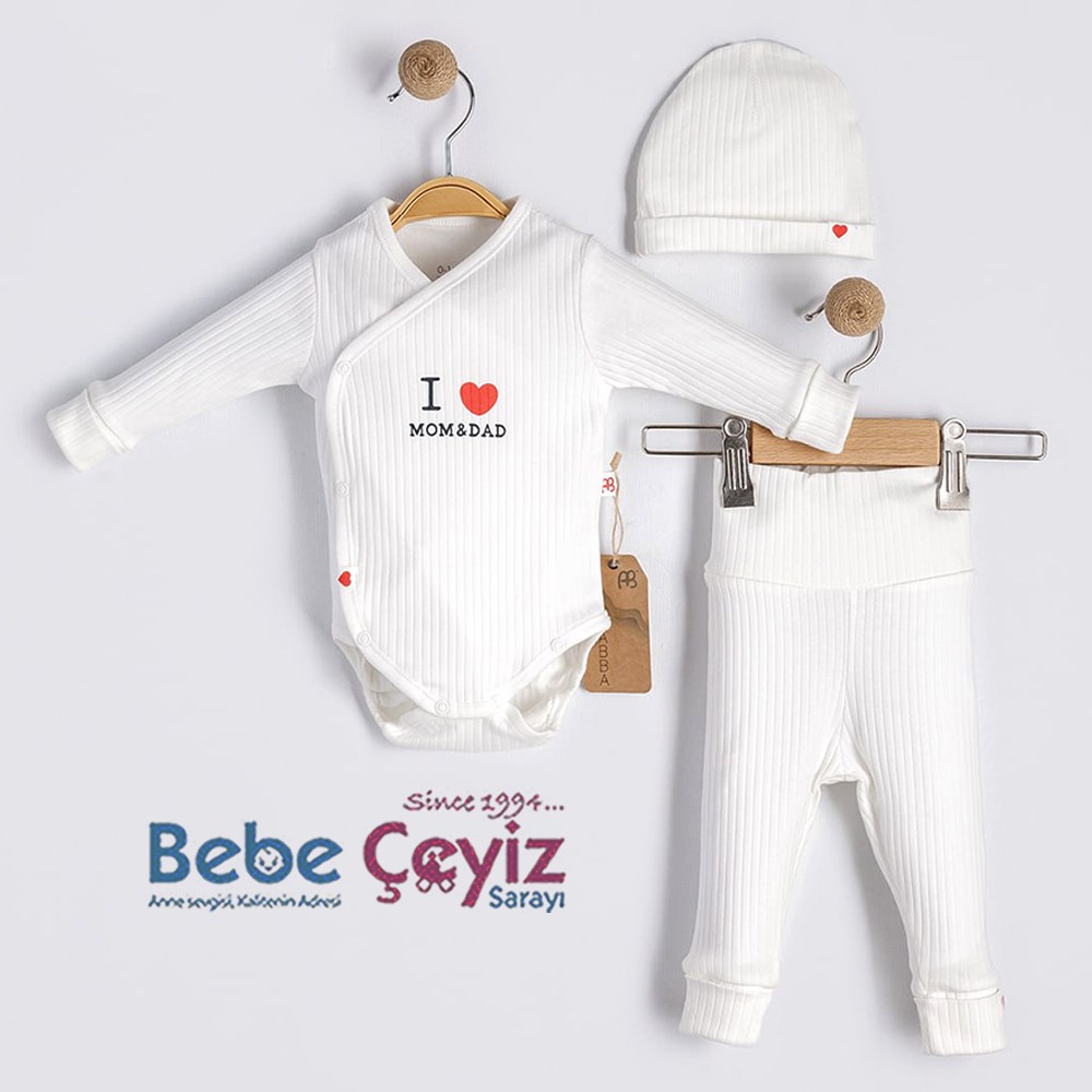 BEBESSİ Kaşkorse Love Mom Dad 3'lü Takım ( Ekru )