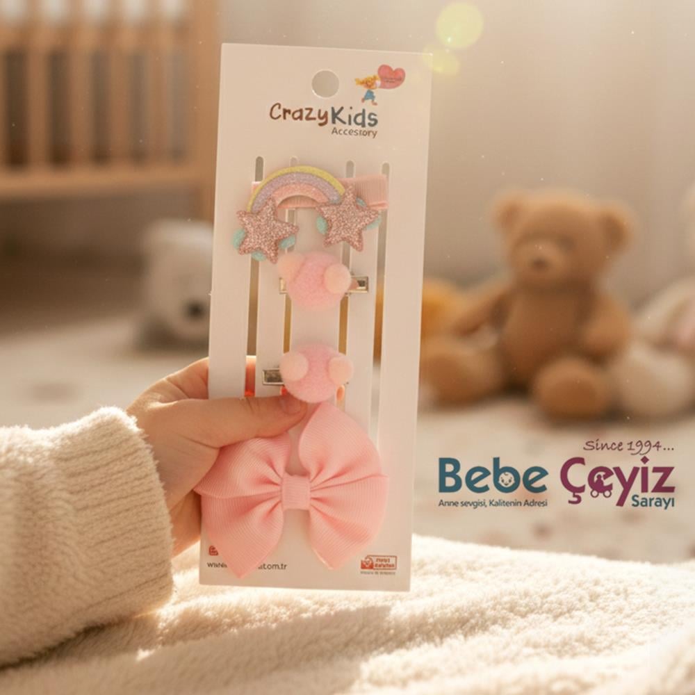 CRAZY KİDS 4'lü Gökkuşağı Kurdeleli Toka ( Pembe )