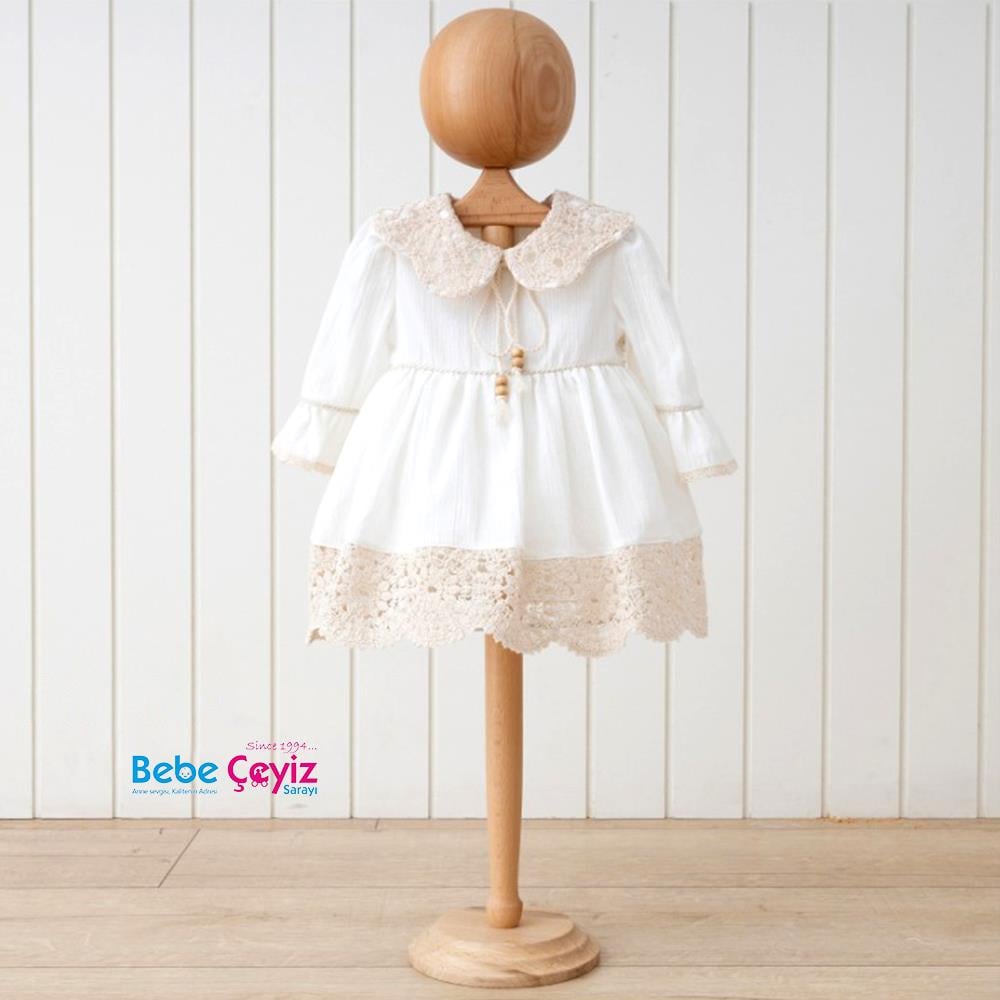 MYMİO Boncuklu Naturel Kız Bebe Yakalı Ellbise