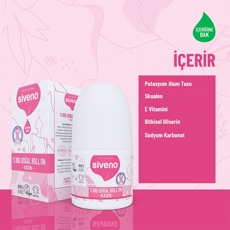 Siveno Doğal Roll-On Kadın Deodorant Ter Kokusu Önleyici Bitkisel Leke Bırakmayan Vegan 50ml
