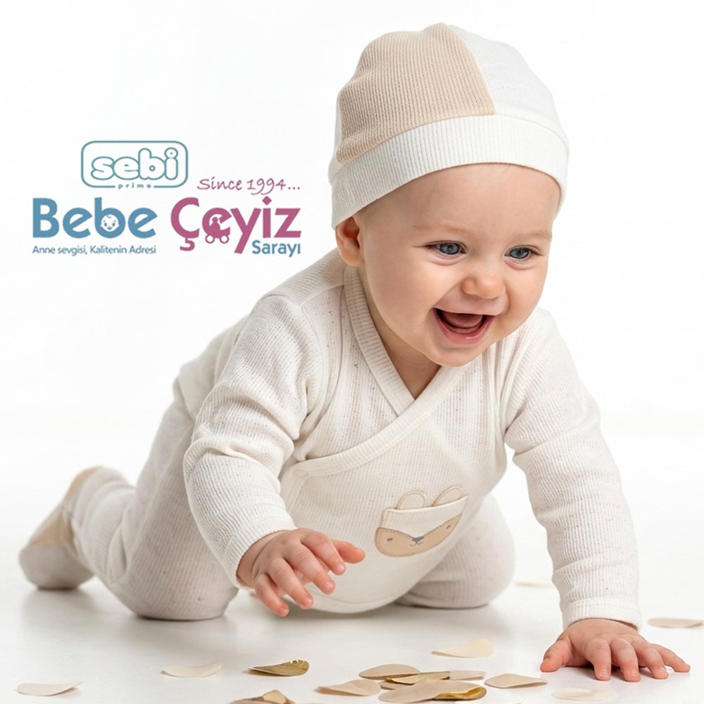 SEBİ PRİME Cepli Kedili Waffle 5li Hastane Çıkışı ( Ekru ) ( 0-3 Ay )