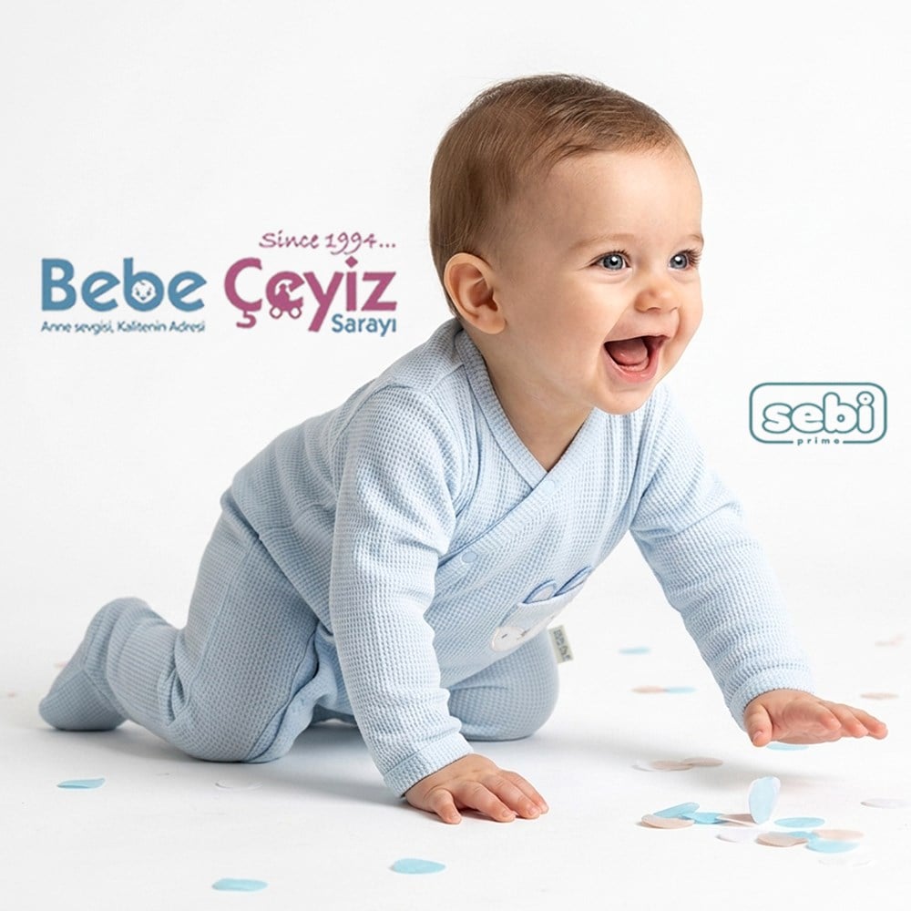 SEBİ PRİME Kedili Kruvaze Waffle Tulum ( Mavi )