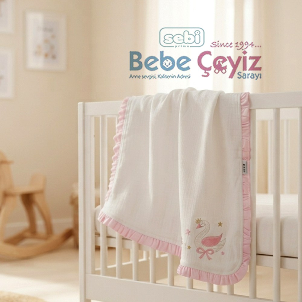 Sebi Kuğulu Battaniye Ekru-Pembe